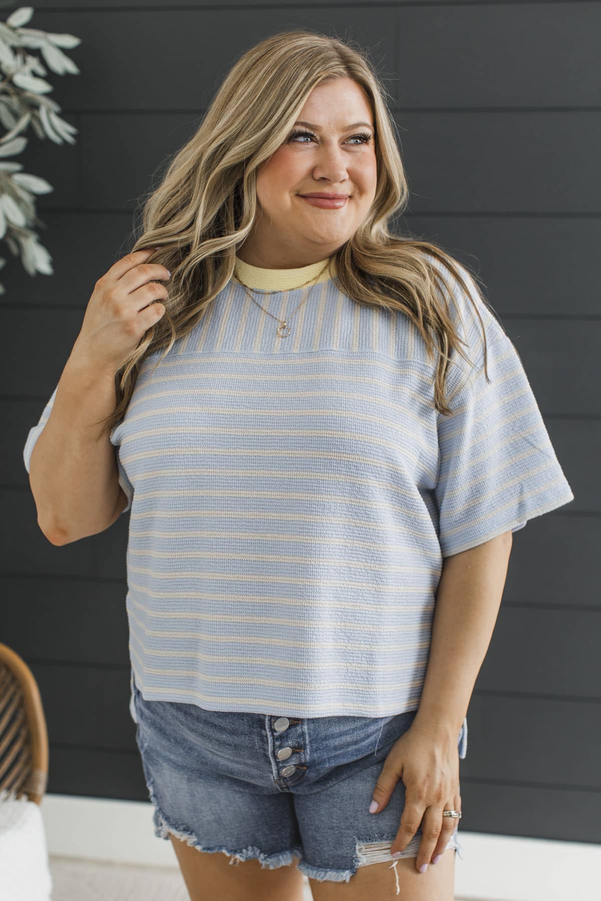 Stay Close Tonight Striped Print Top- Baby Blue & Yellow - Image 4