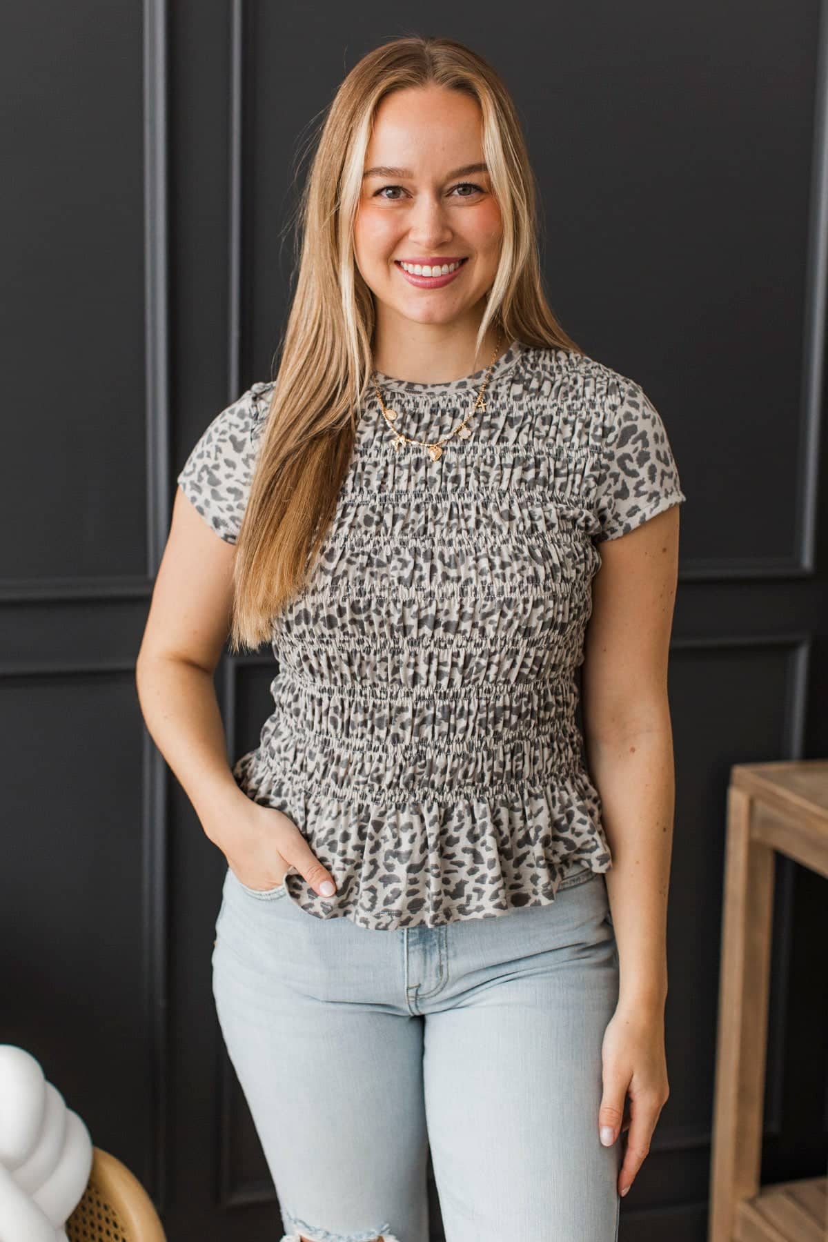 Stay Confident Short Sleeve Smocked Top- Grey Leopard