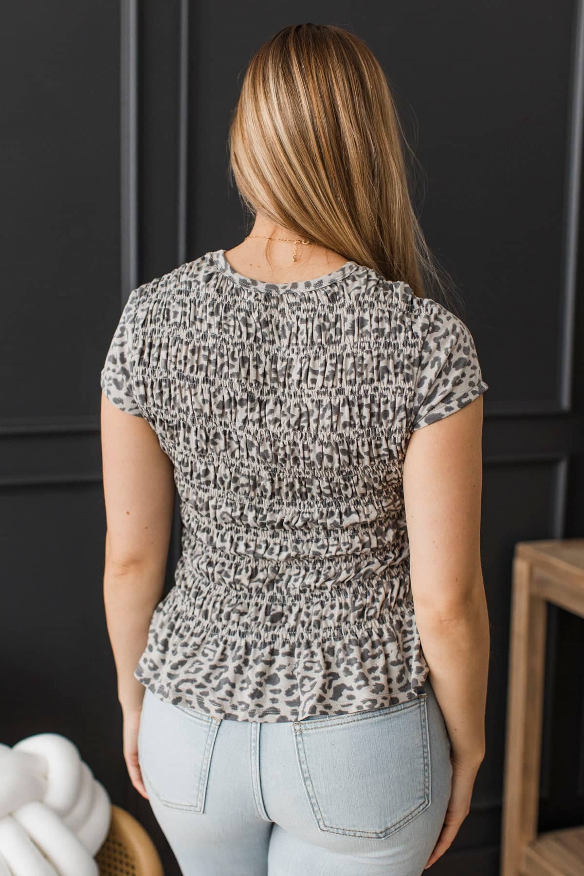 Stay Confident Short Sleeve Smocked Top- Grey Leopard - Image 7