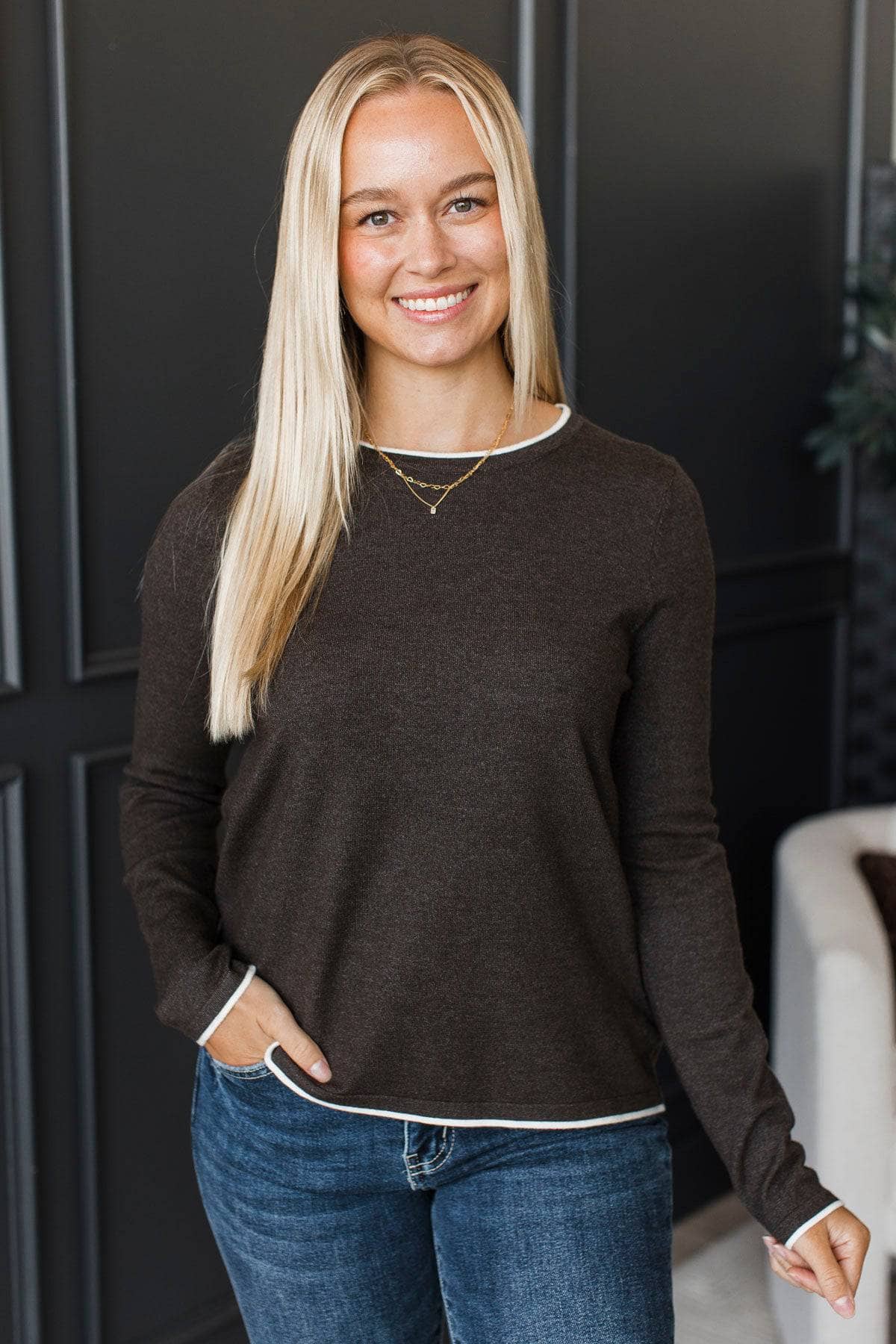 Stay Connected Contrast Knit Sweater- Charcoal - Image 2
