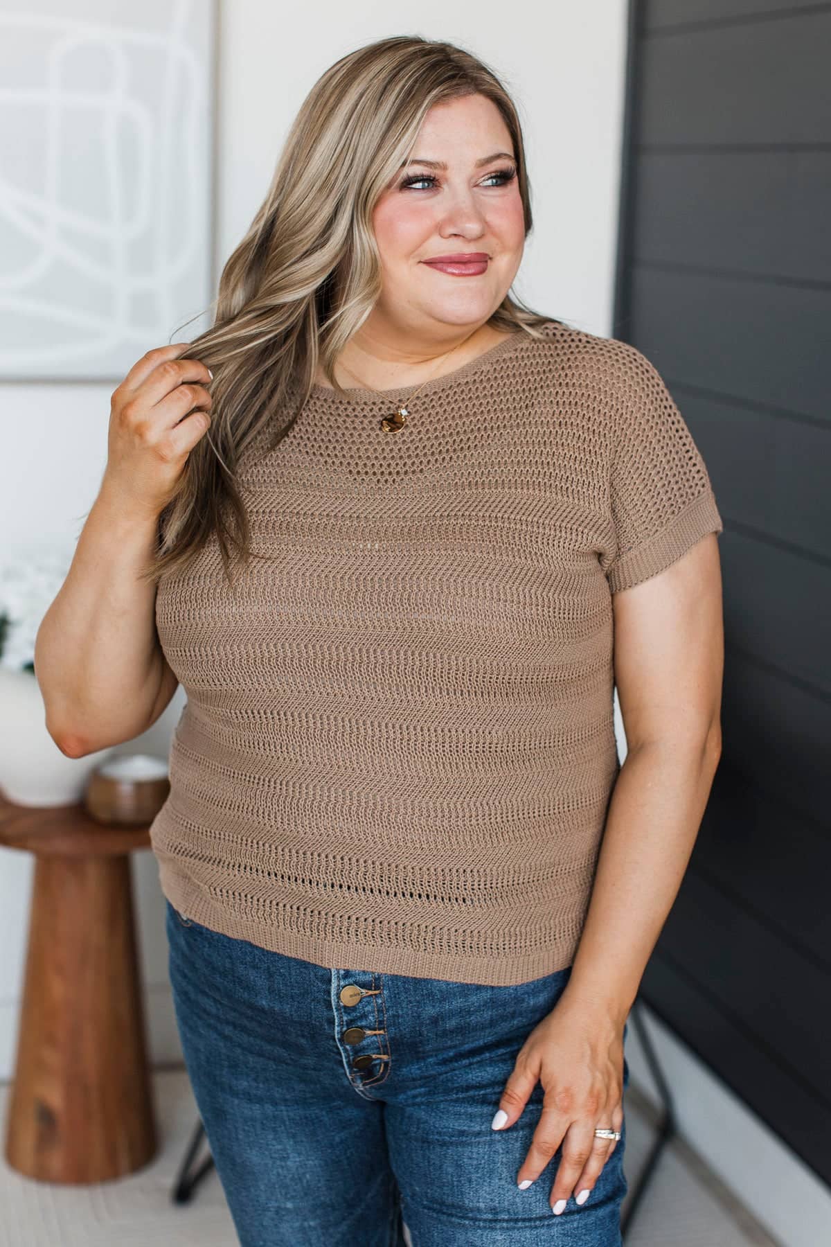 Stay Encouraged Short Sleeve Pointelle Sweater Top- Mocha - Image 4