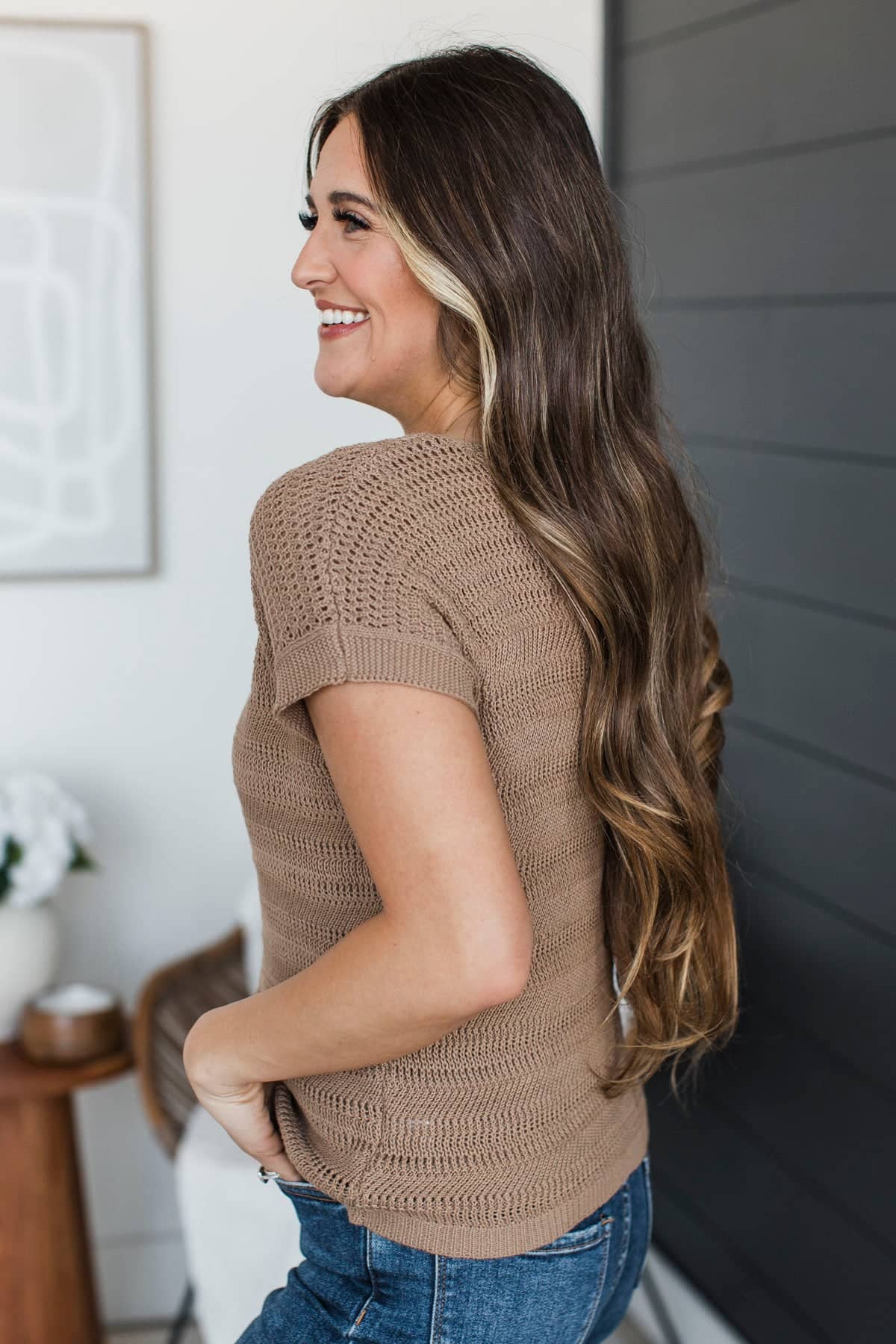Stay Encouraged Short Sleeve Pointelle Sweater Top- Mocha - Image 5