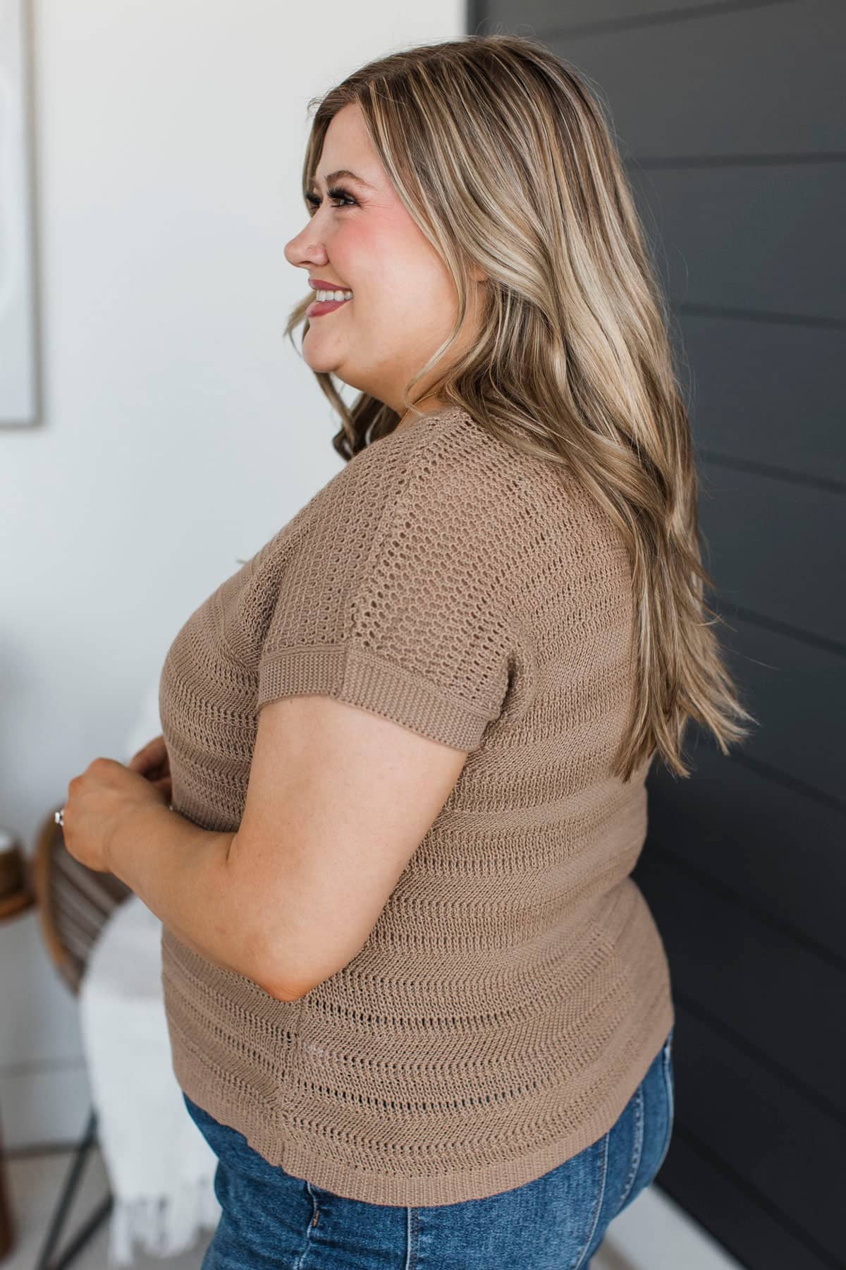 Stay Encouraged Short Sleeve Pointelle Sweater Top- Mocha - Image 6