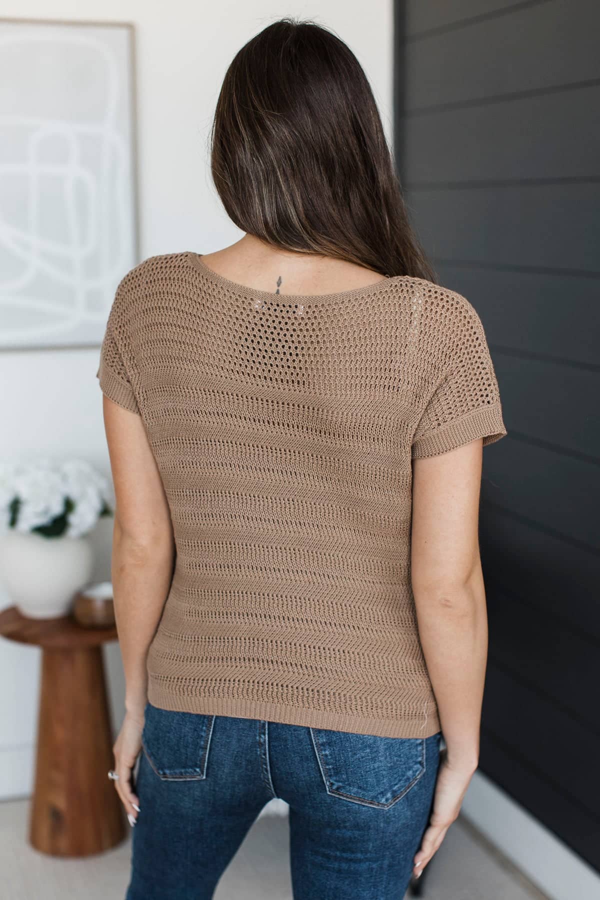 Stay Encouraged Short Sleeve Pointelle Sweater Top- Mocha - Image 7