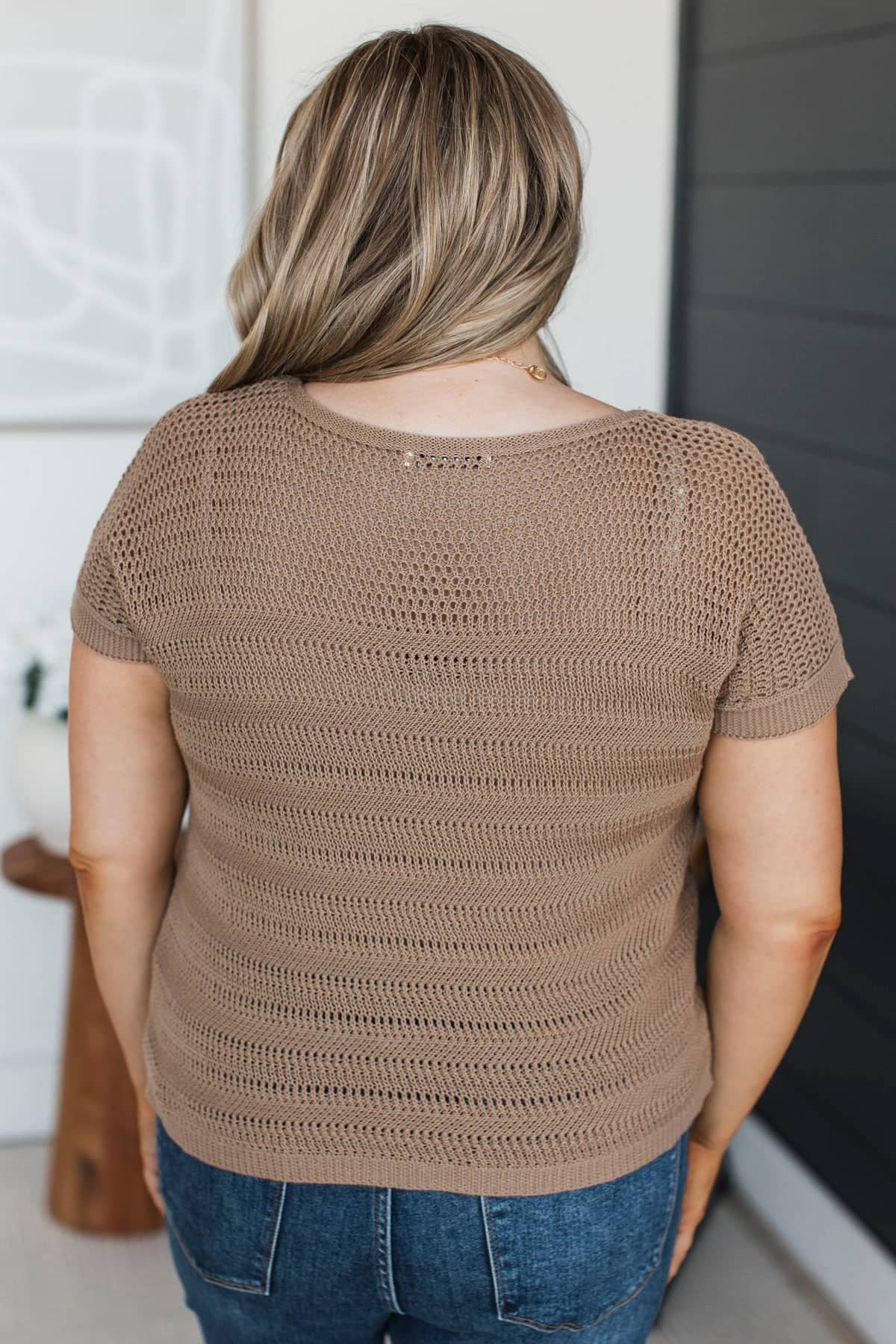 Stay Encouraged Short Sleeve Pointelle Sweater Top- Mocha - Image 8