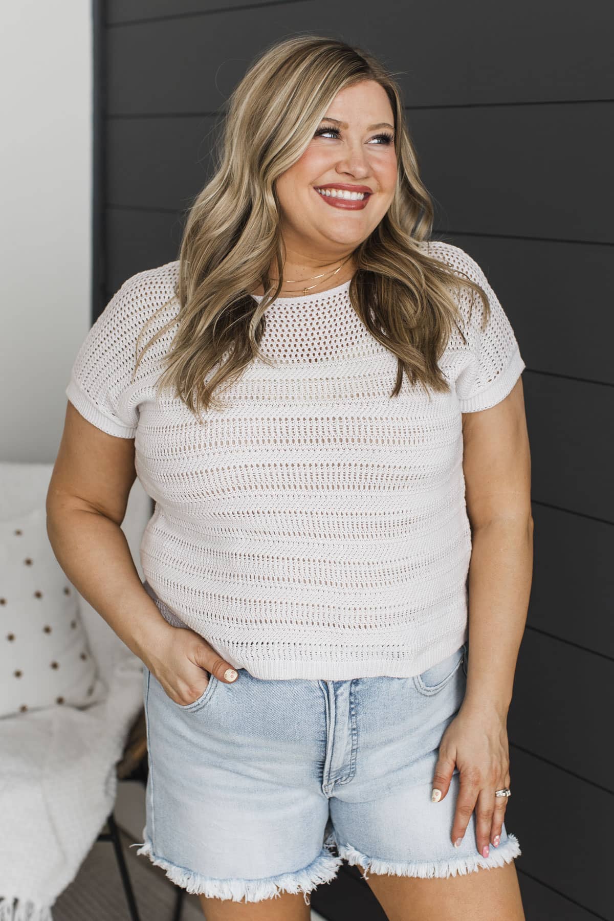 Stay Encouraged Short Sleeve Pointelle Sweater Top- Off-White