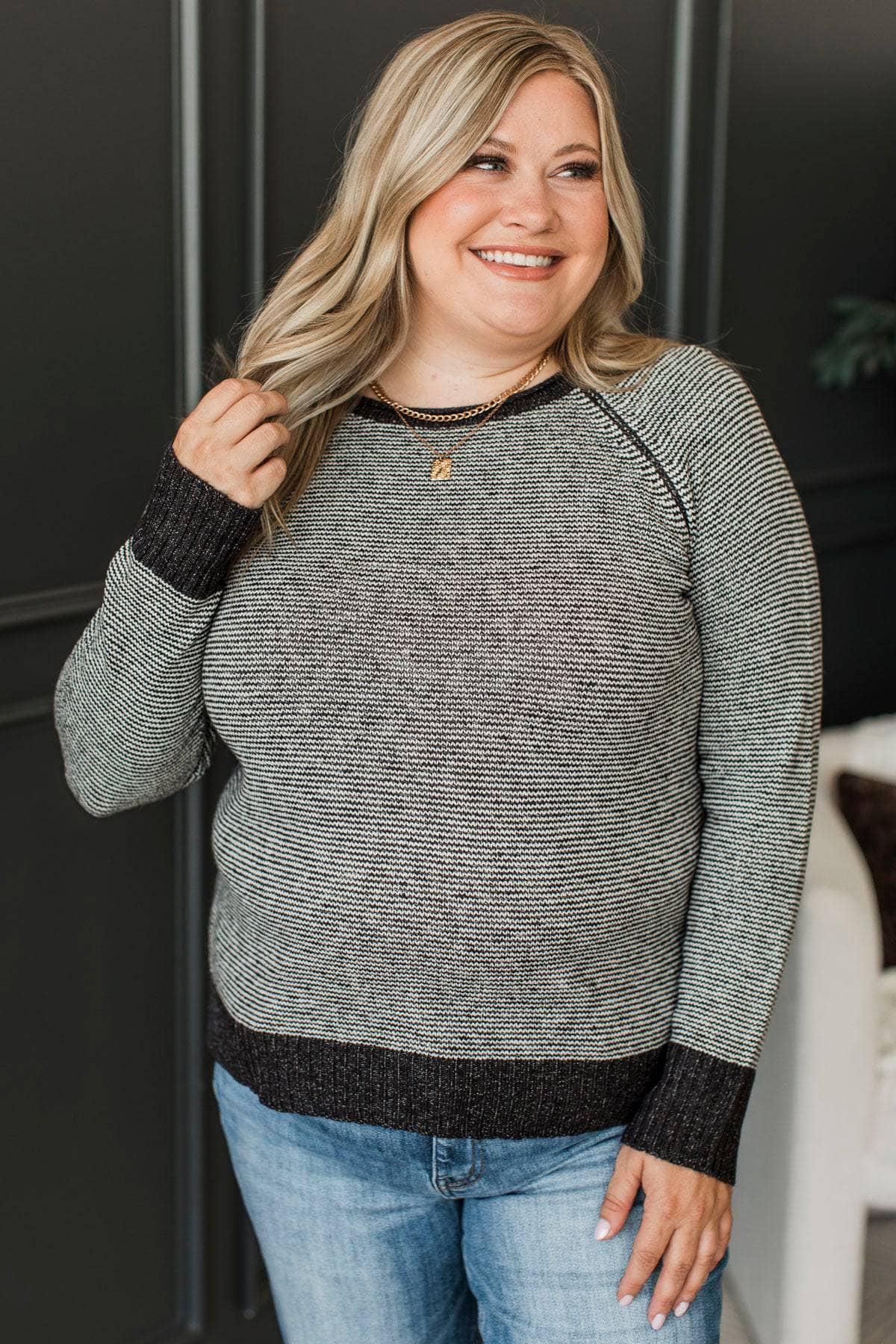 Stay Focused Striped Knit Sweater- Dark Charcoal - Image 2