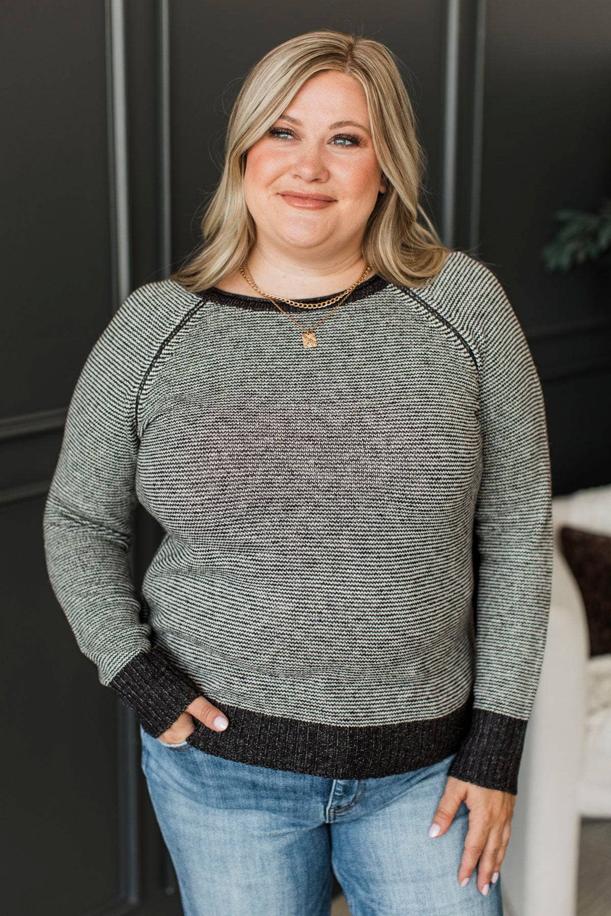 Stay Focused Striped Knit Sweater- Dark Charcoal - Image 4