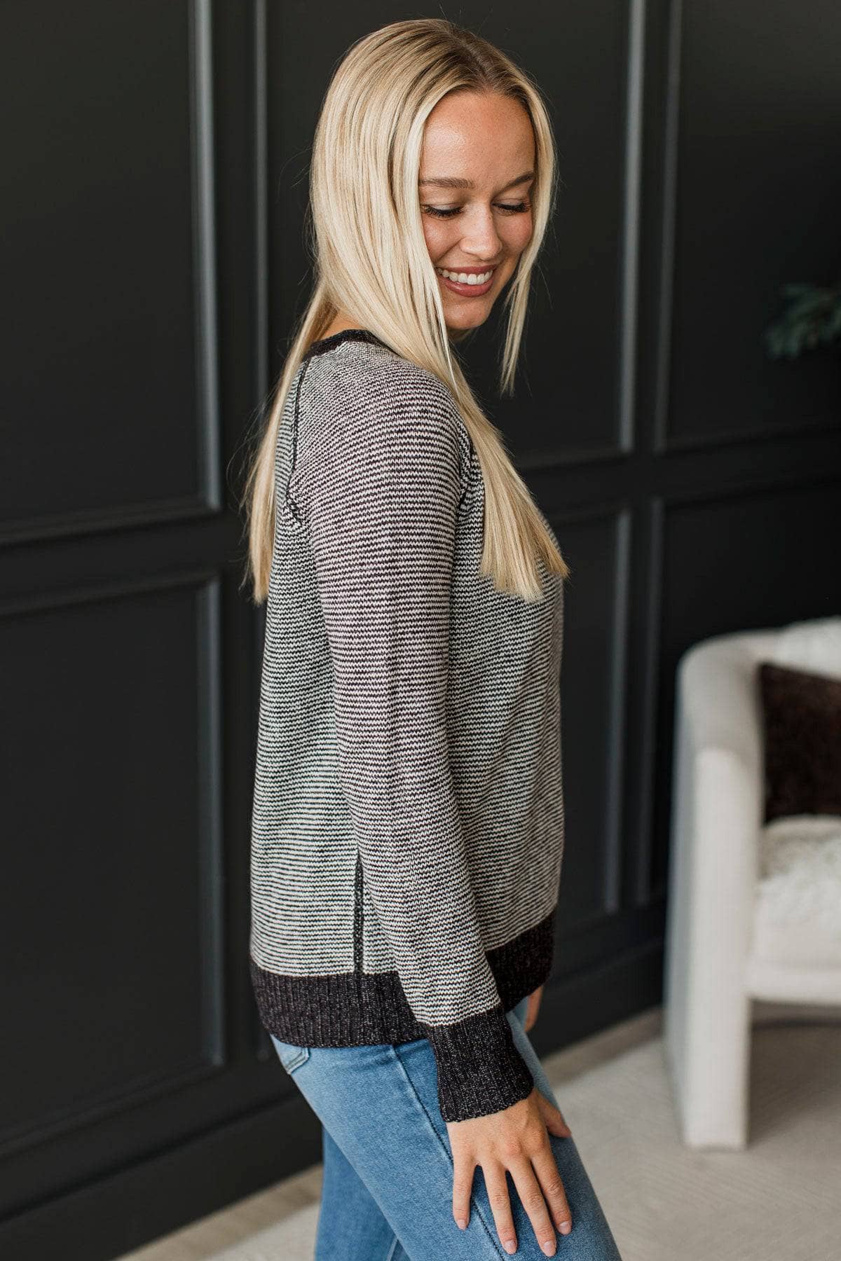 Stay Focused Striped Knit Sweater- Dark Charcoal - Image 5