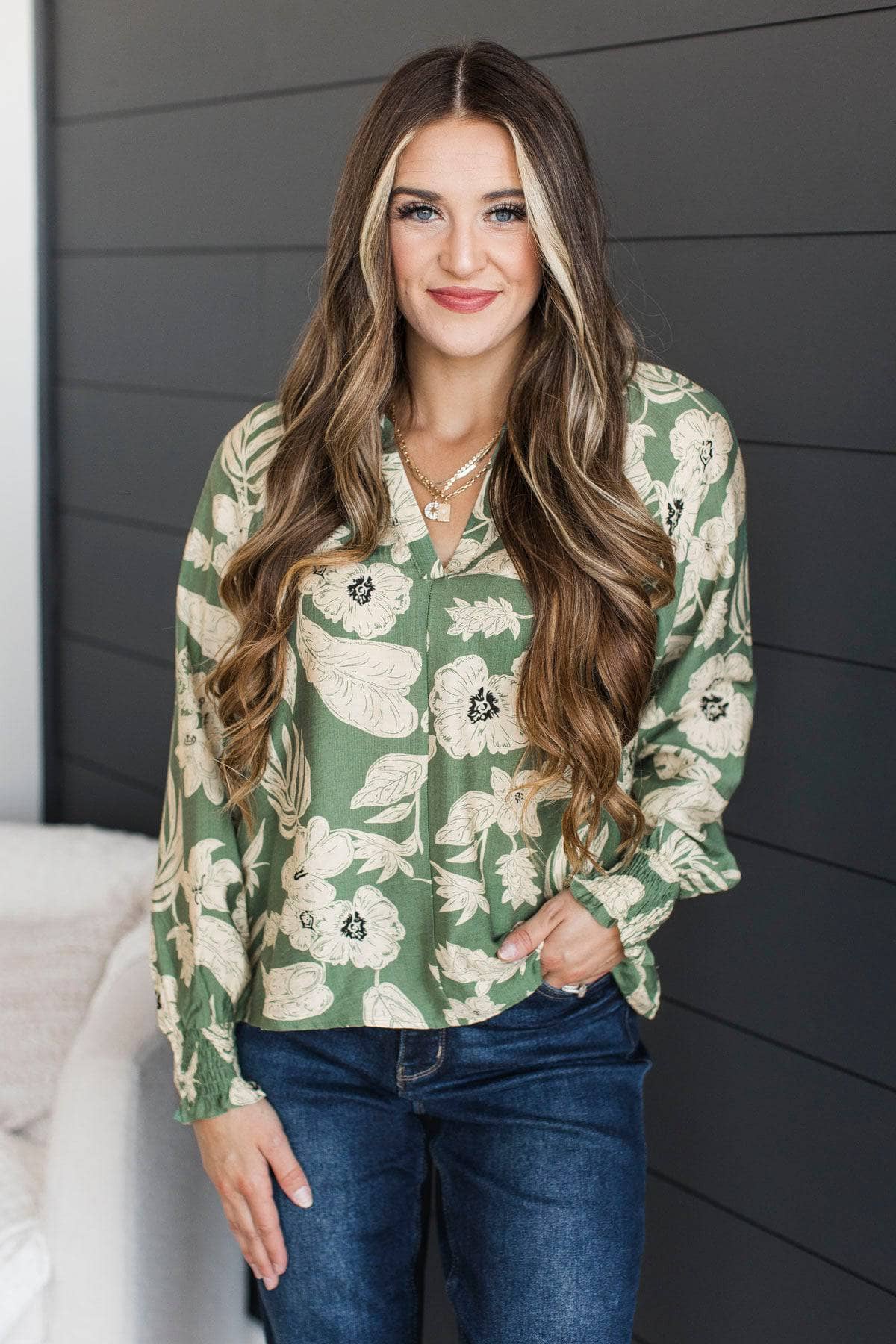 Stay Grateful Long Sleeve Floral Top- Sage - Image 3