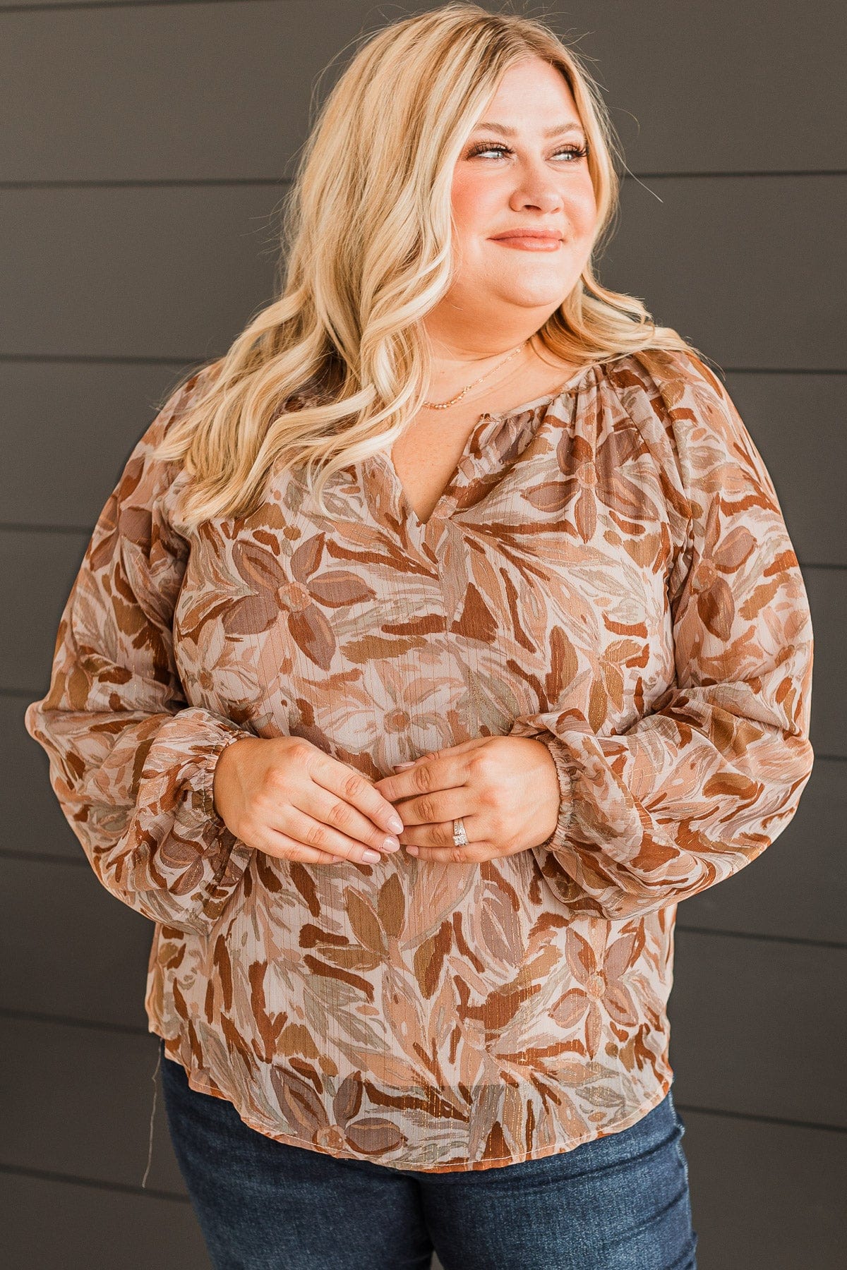 Stay In Love Long Sleeve Blouse- Mocha - Image 3