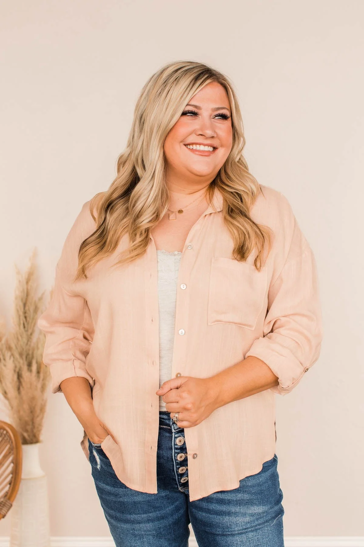 Stay In Touch Button Down Top- Champagne - Image 2