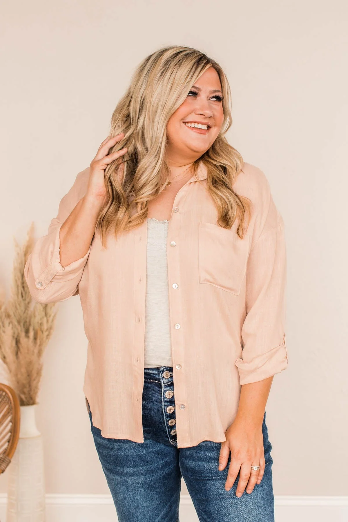 Stay In Touch Button Down Top- Champagne - Image 4