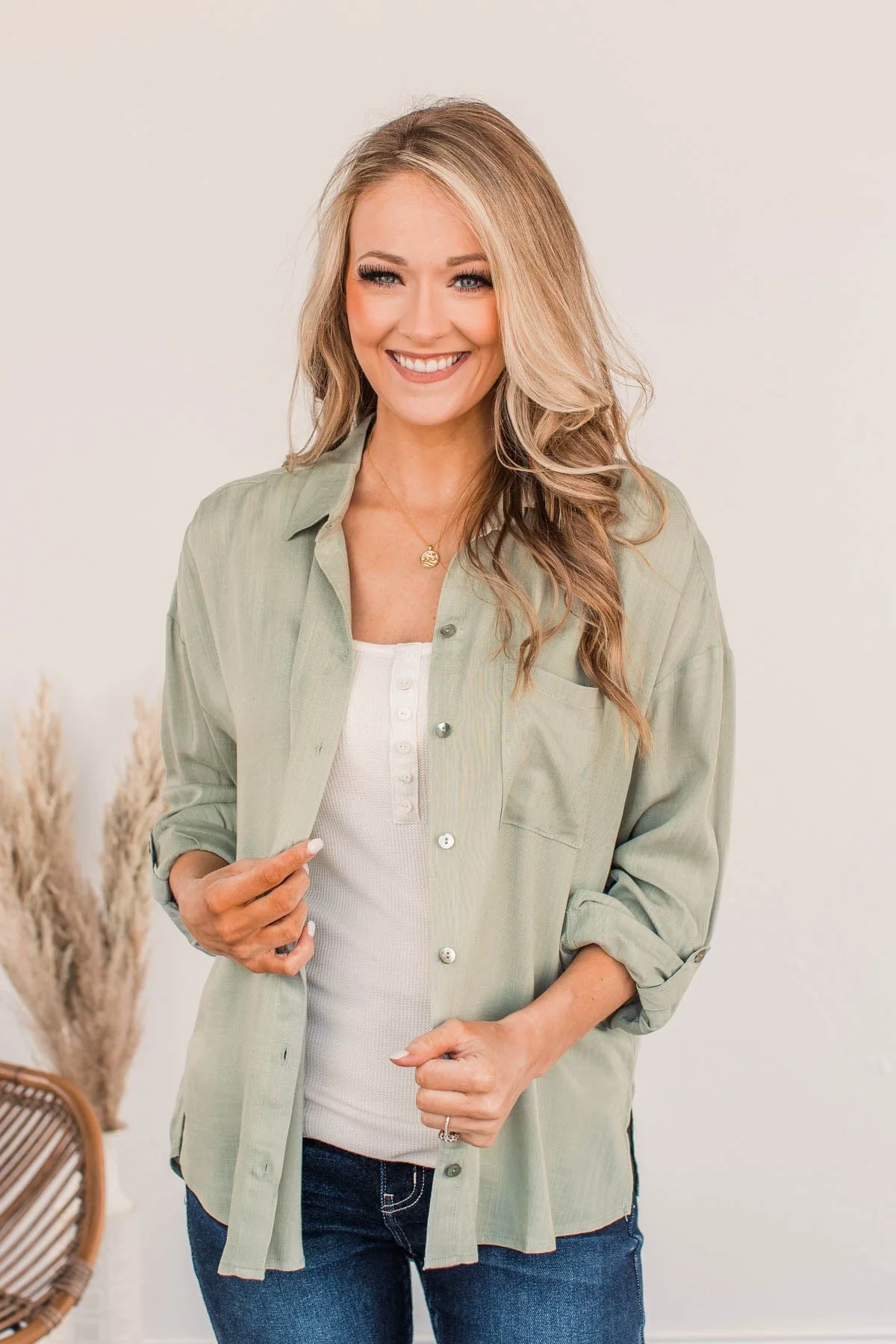Stay In Touch Button Down Top- Sage - Image 7