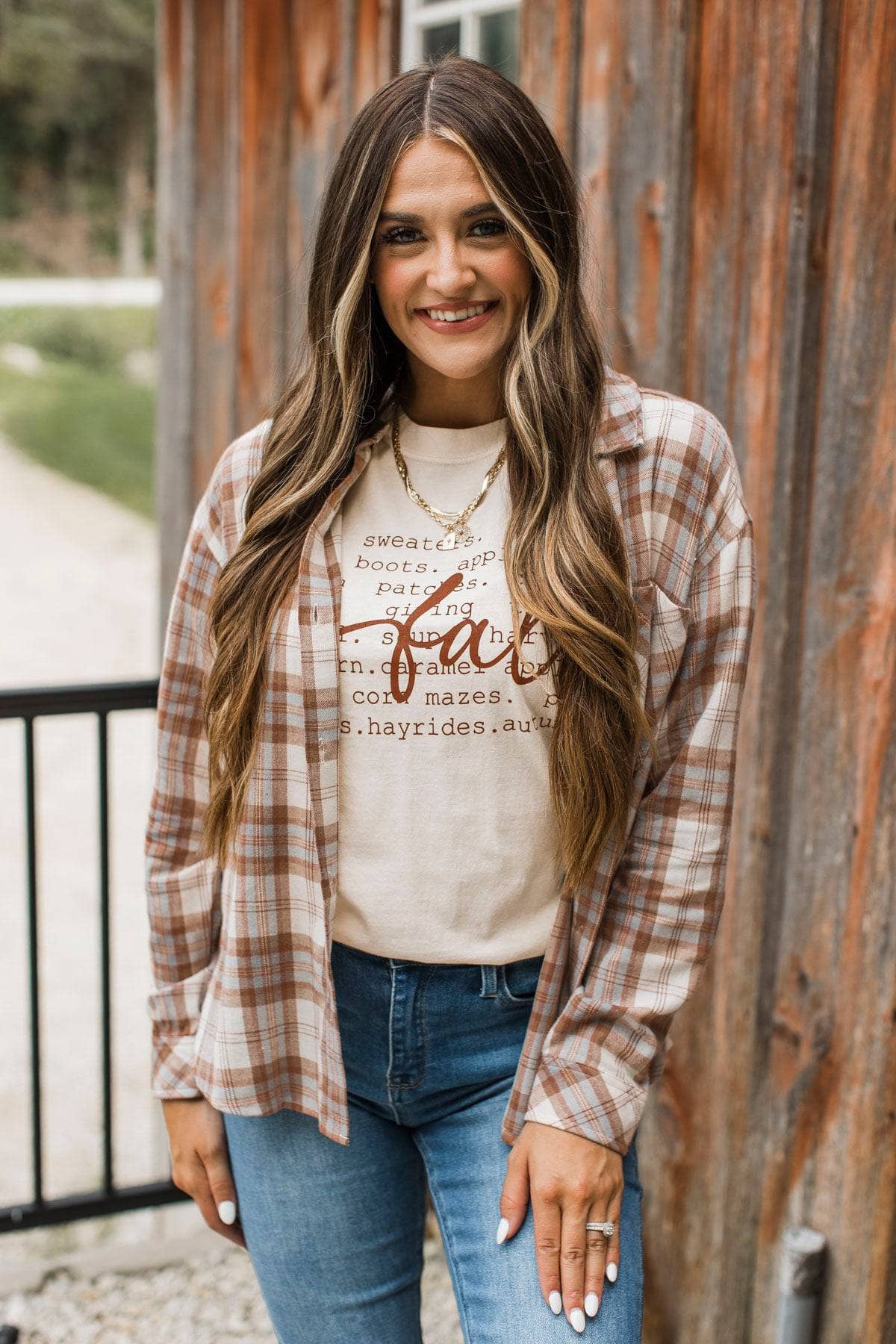 Stay On Point Plaid Button Top- Ivory, Camel, & Denim Blue