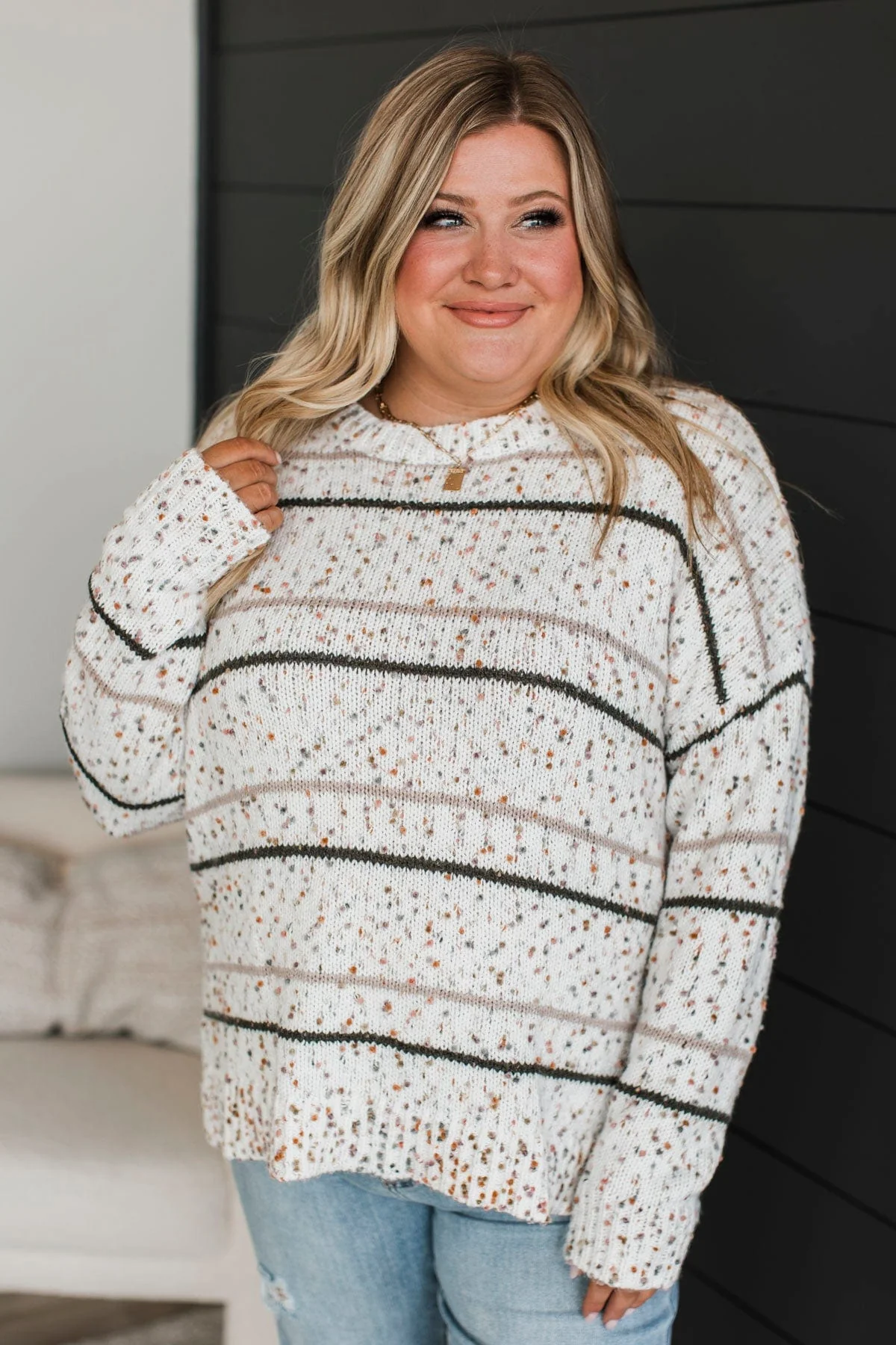Stay Tuned Confetti Knit Sweater- Ivory & Olive - Image 3