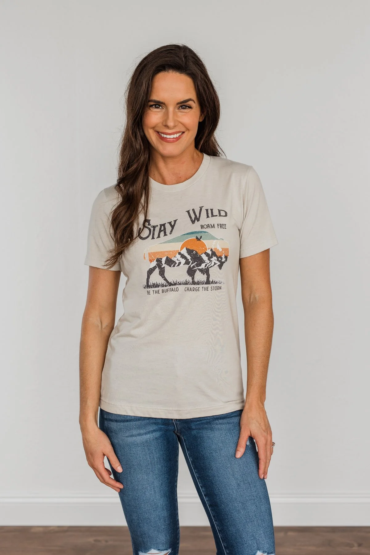 "Stay Wild. Roam Free" Buffalo Graphic Tee- Light Beige - Image 9