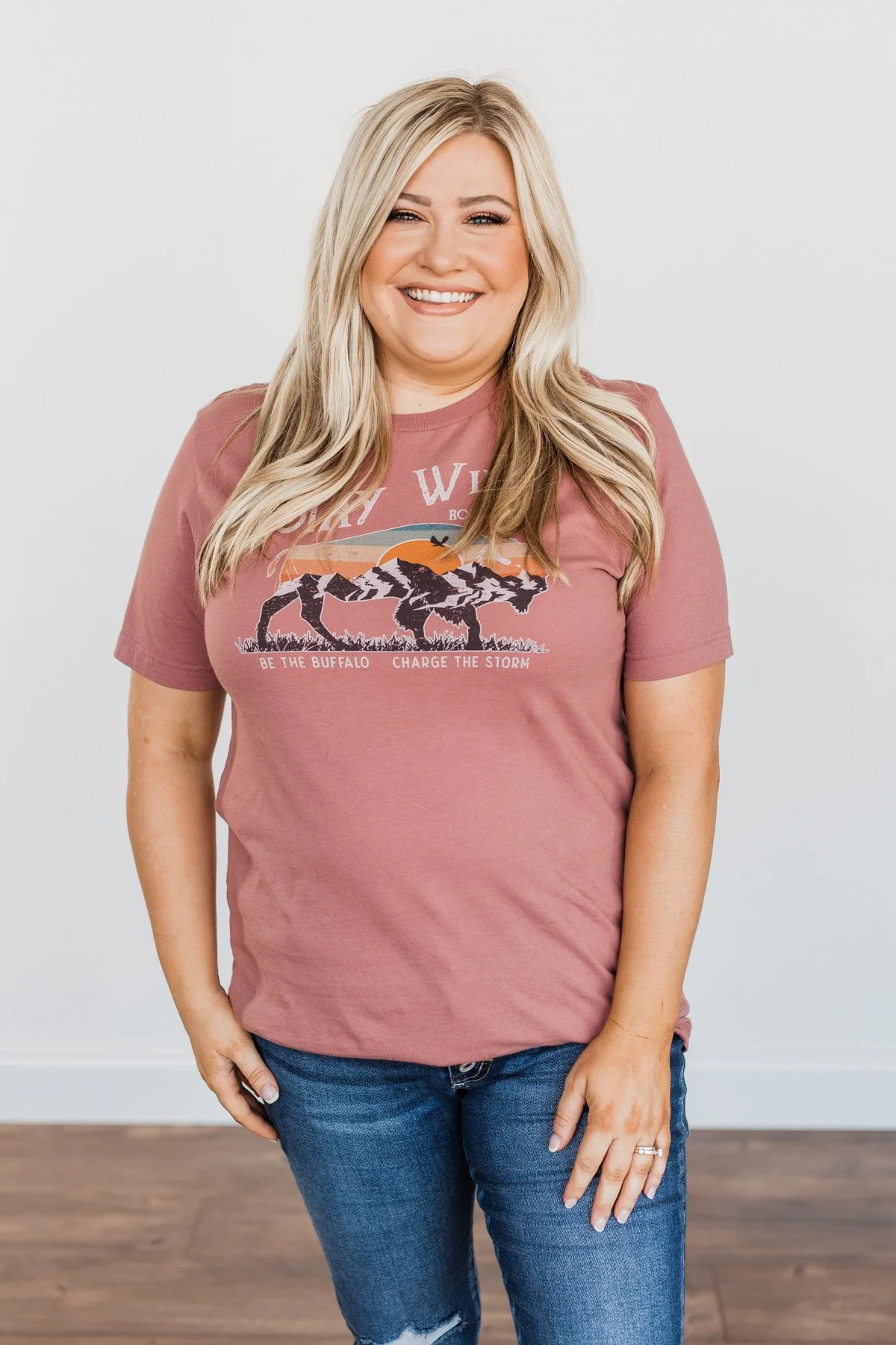 "Stay Wild. Roam Free" Buffalo Graphic Tee- Mauve - Image 2