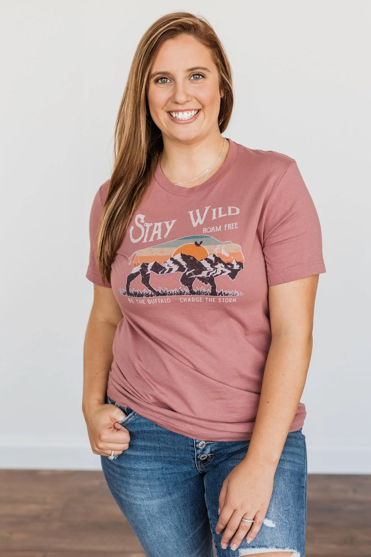 "Stay Wild. Roam Free" Buffalo Graphic Tee- Mauve - Image 3