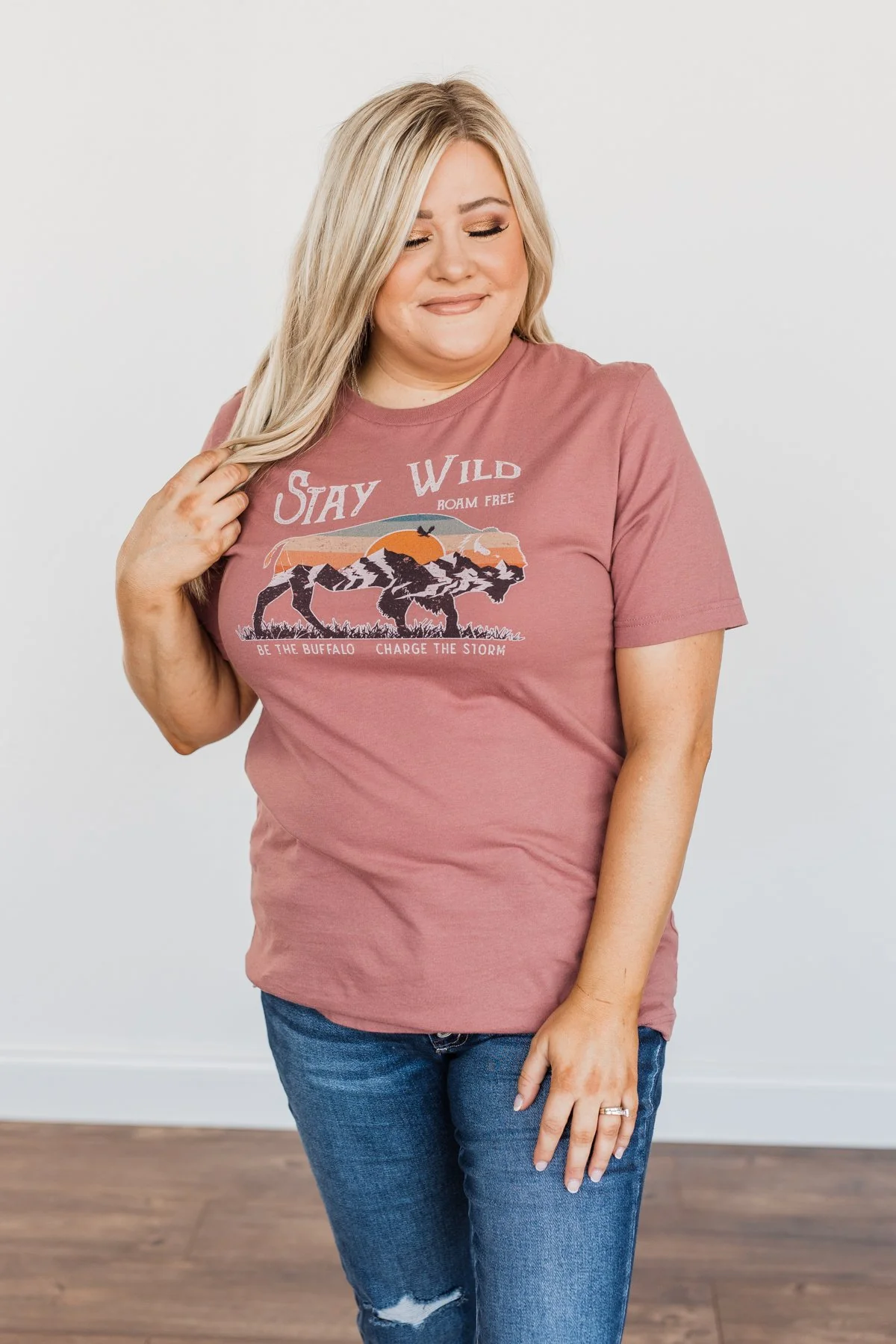 "Stay Wild. Roam Free" Buffalo Graphic Tee- Mauve - Image 4