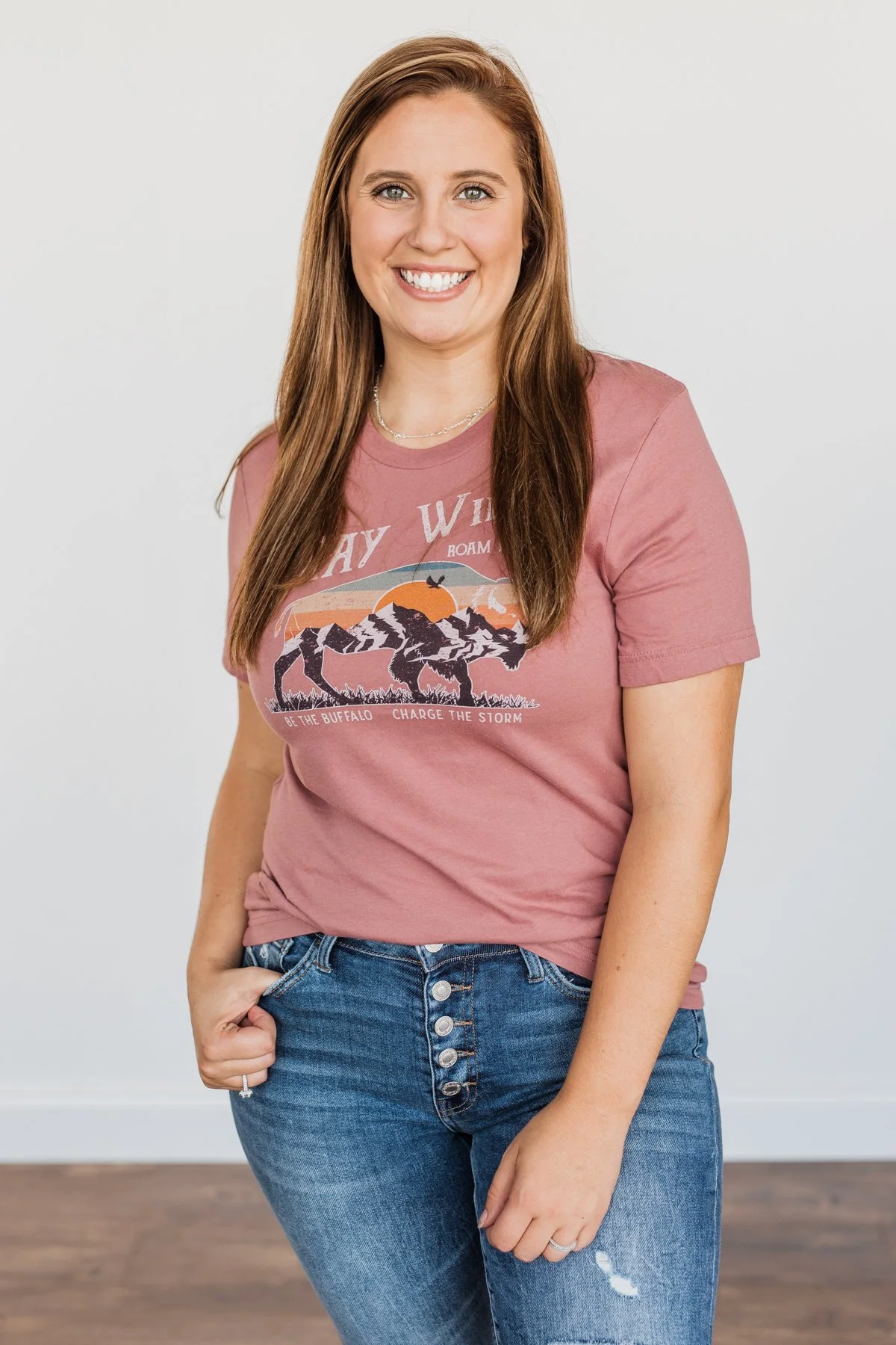 "Stay Wild. Roam Free" Buffalo Graphic Tee- Mauve - Image 5