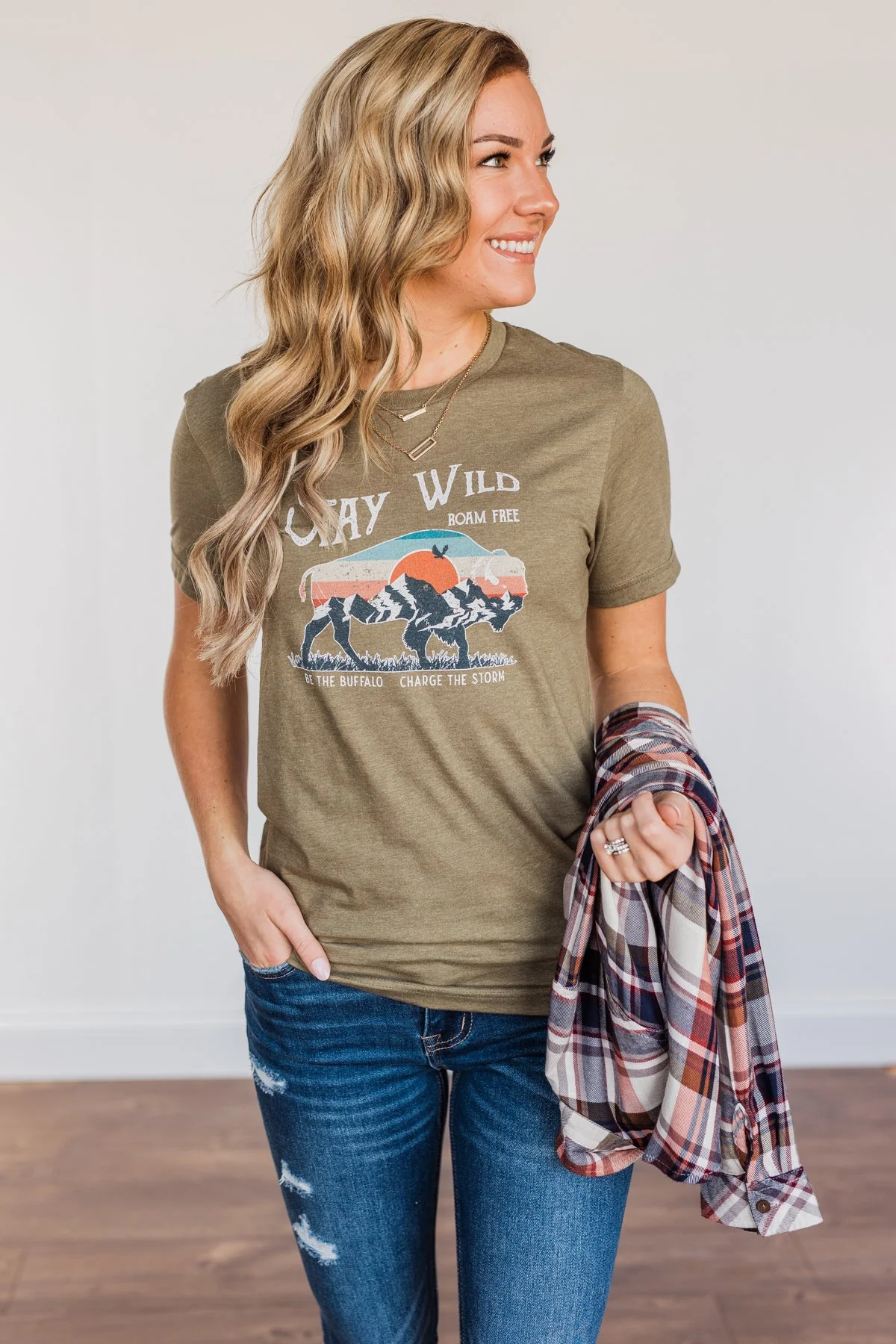 "Stay Wild. Roam Free" Buffalo Graphic Tee- Olive - Image 7