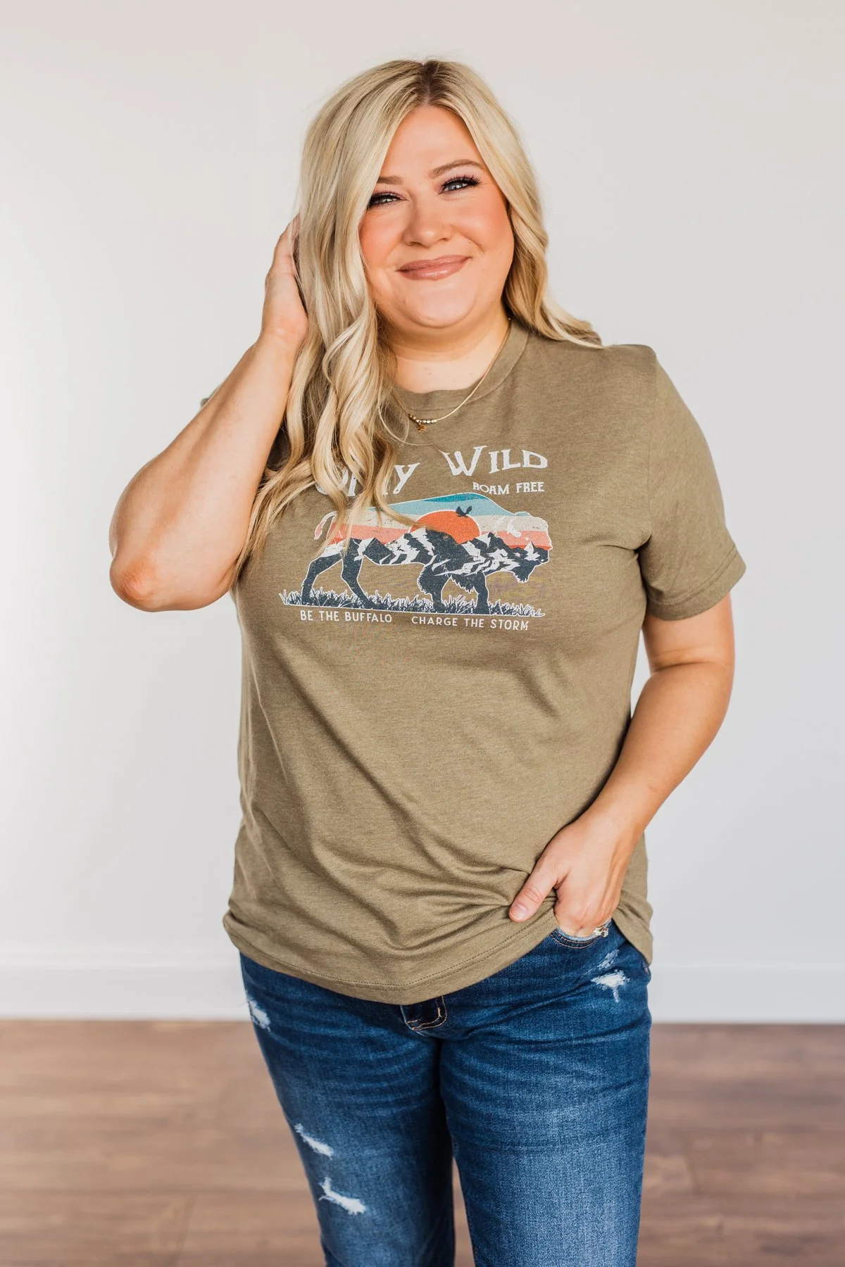 "Stay Wild. Roam Free" Buffalo Graphic Tee- Olive - Image 8