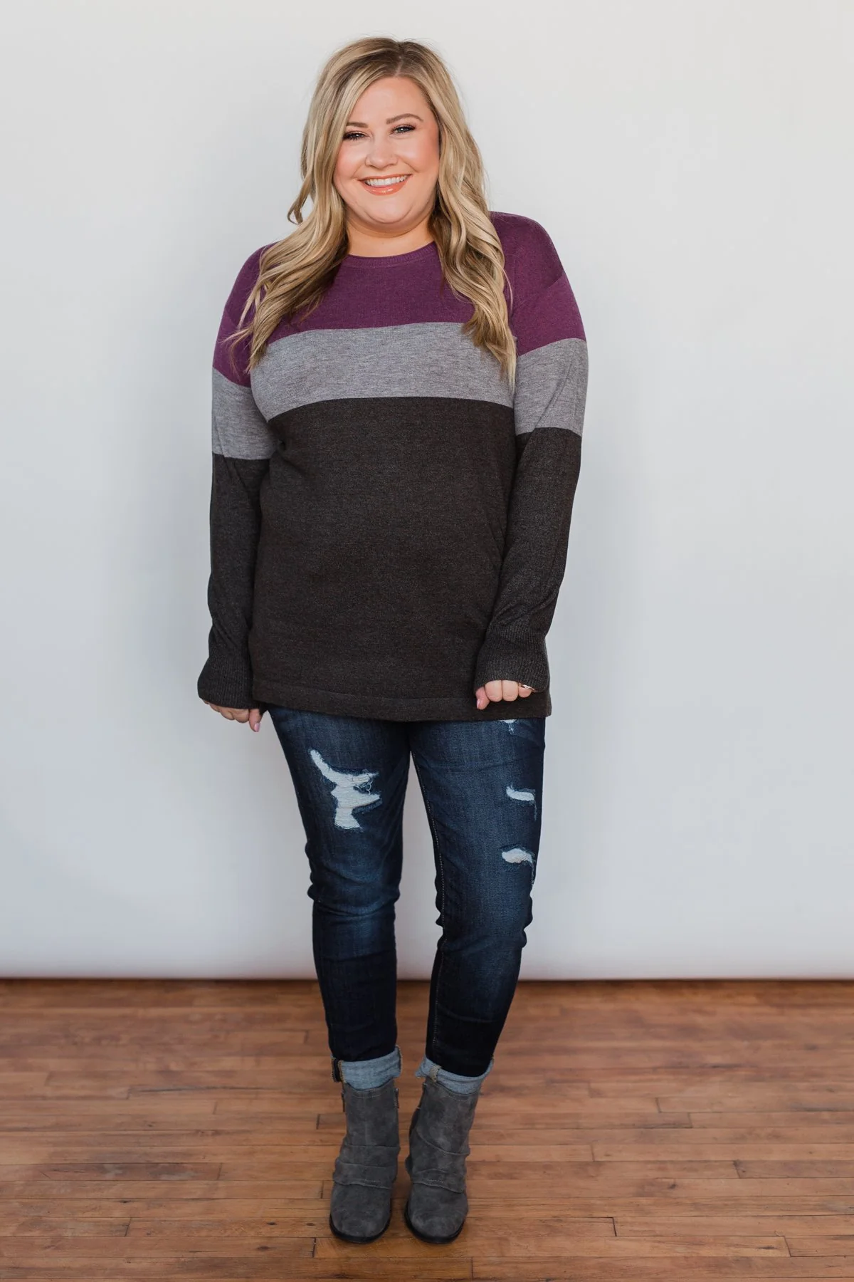 Stay With Me Color Block Top - Plum & Grey - Image 2