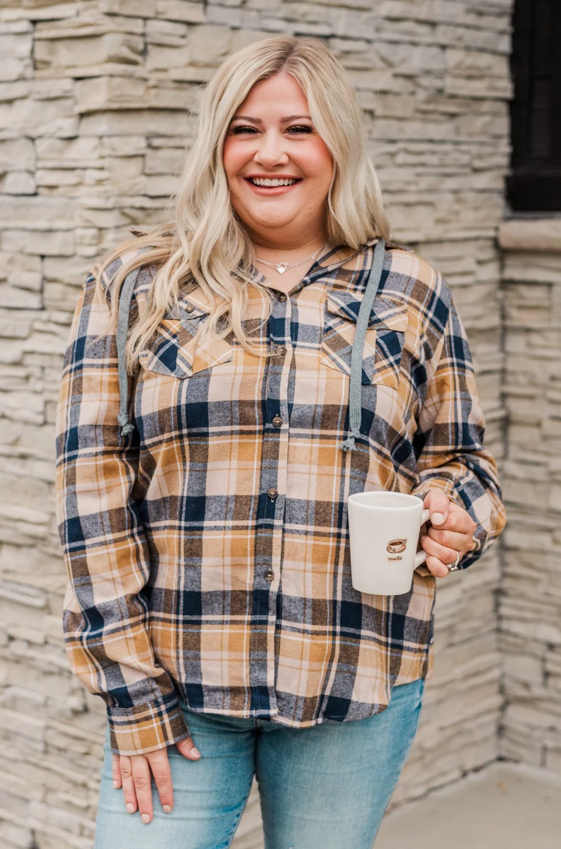 Stay With Me Hooded Plaid Top- Navy, Mustard, & Taupe - Image 2