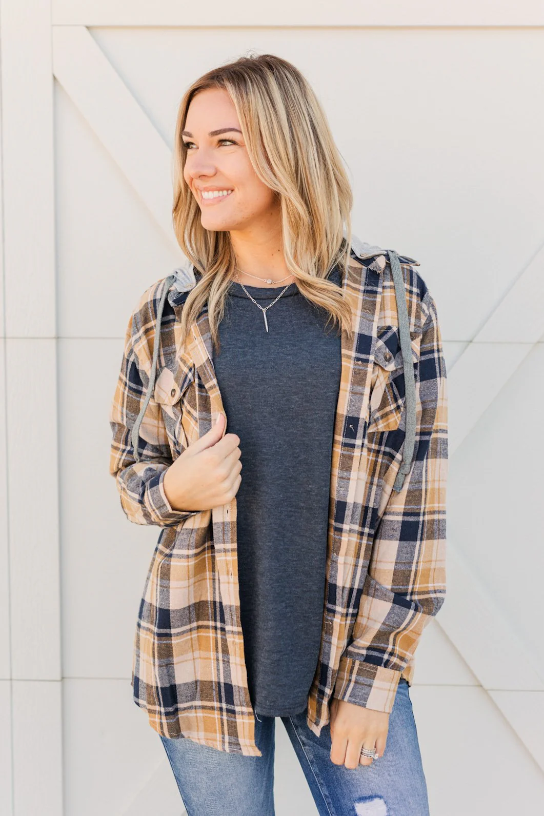 Stay With Me Hooded Plaid Top- Navy, Mustard, & Taupe - Image 3