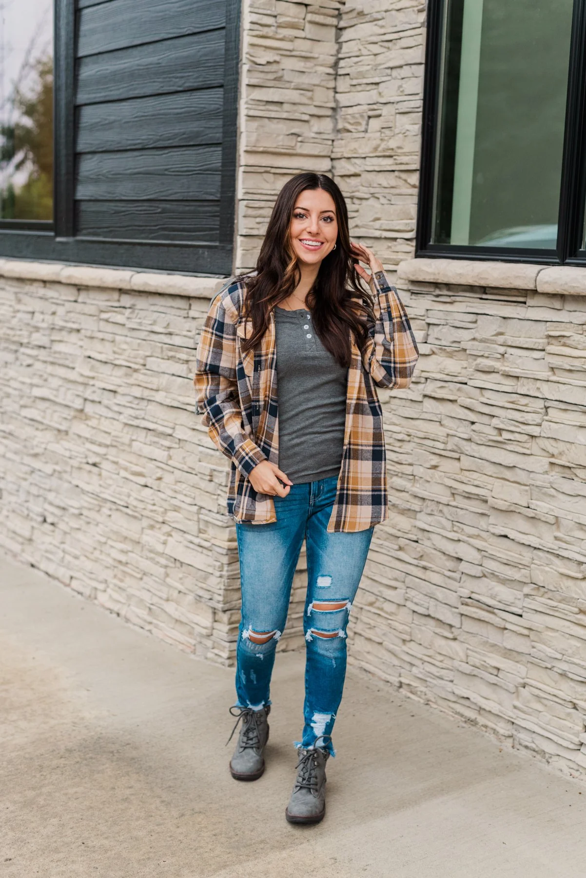 Stay With Me Hooded Plaid Top- Navy, Mustard, & Taupe - Image 7