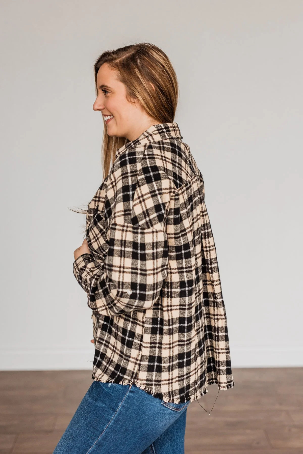 Staying In Love Frayed Flannel- Black & Beige - Image 10