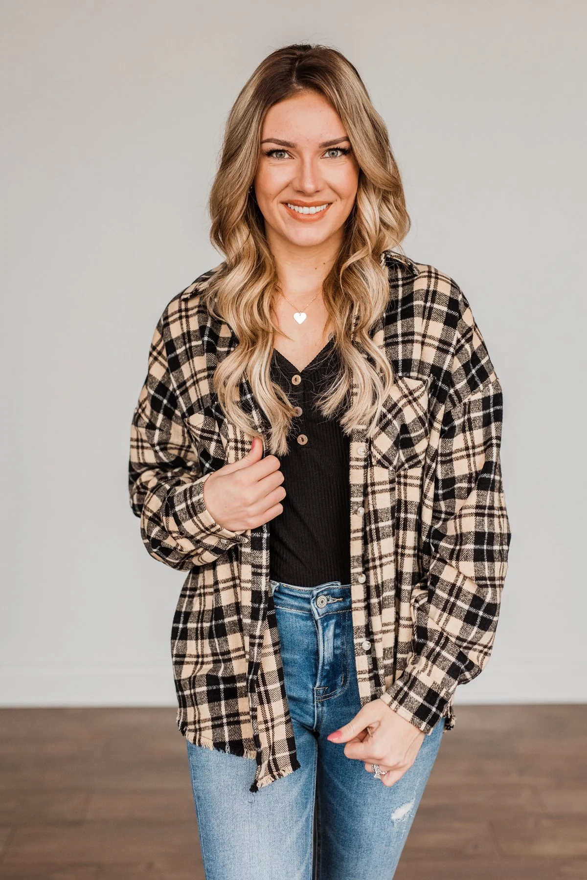 Staying In Love Frayed Flannel- Black & Beige - Image 2