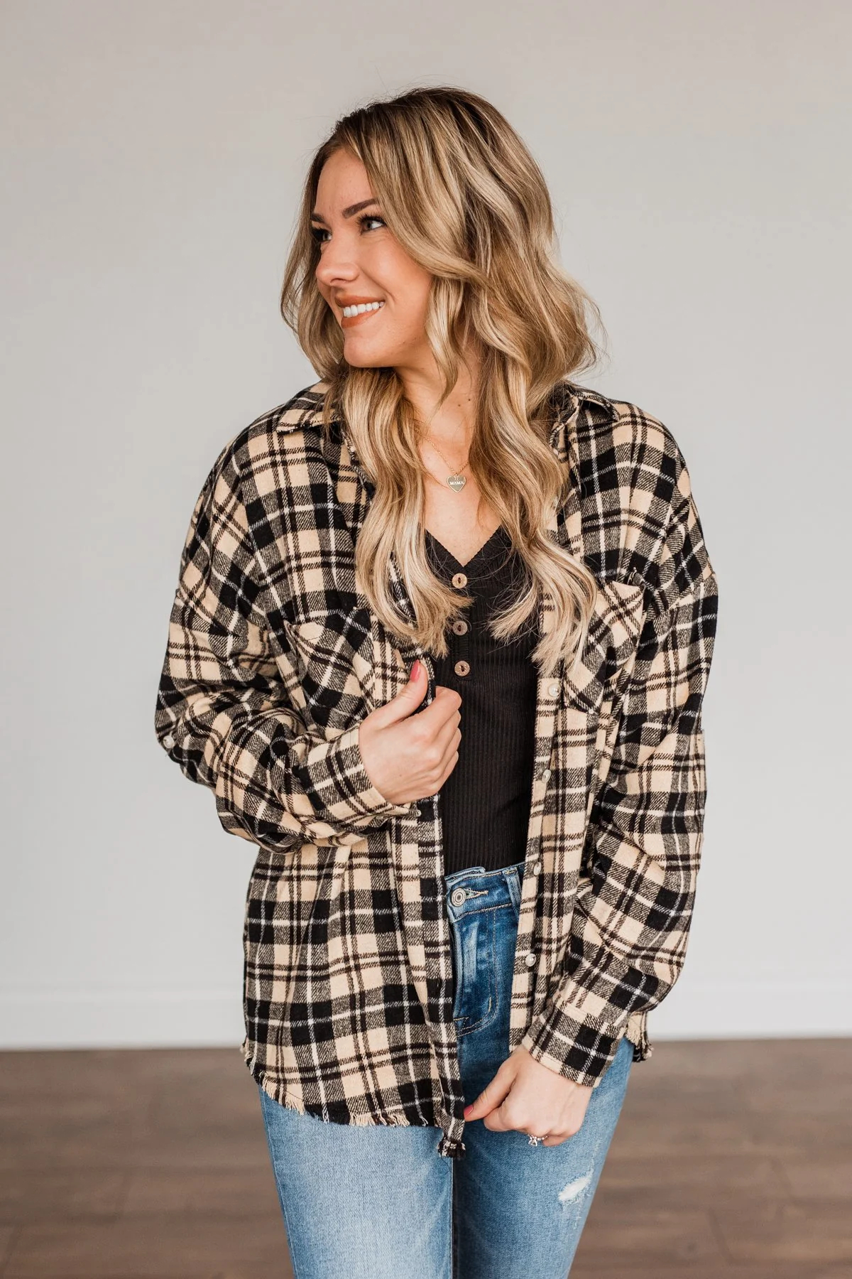 Staying In Love Frayed Flannel- Black & Beige - Image 5