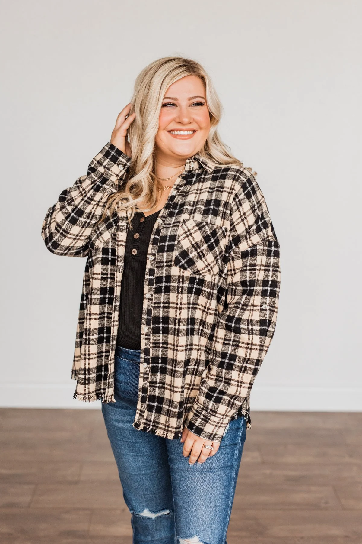 Staying In Love Frayed Flannel- Black & Beige - Image 7