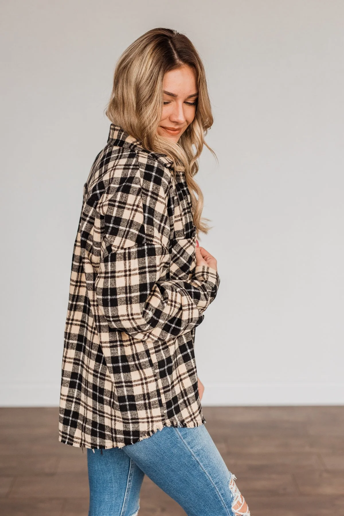 Staying In Love Frayed Flannel- Black & Beige - Image 9