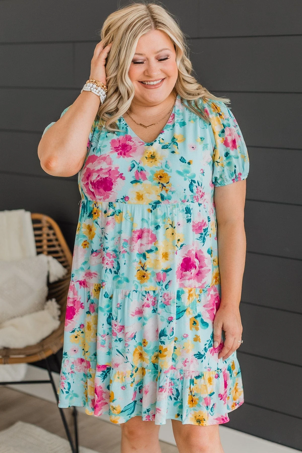 Steal You Away Tiered Floral Dress- Aqua Blue - Image 3