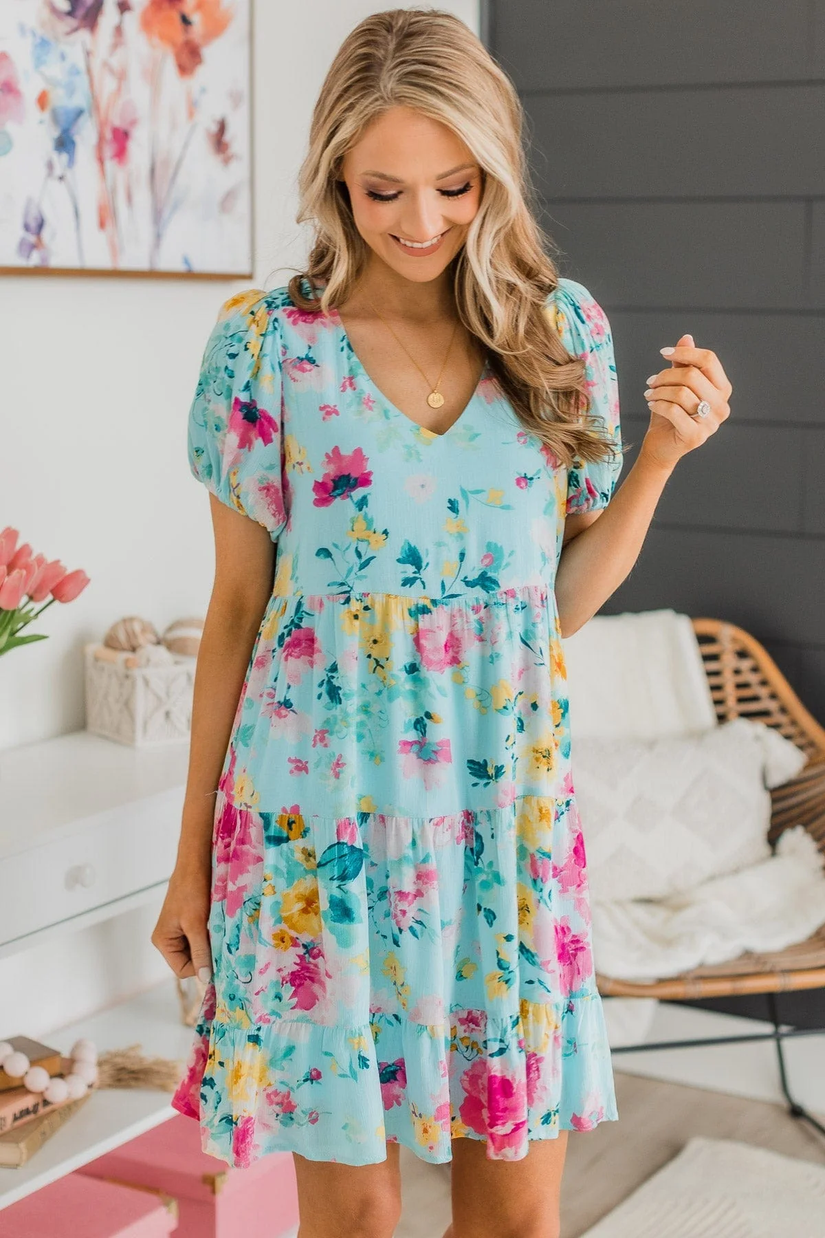 Steal You Away Tiered Floral Dress- Aqua Blue - Image 4