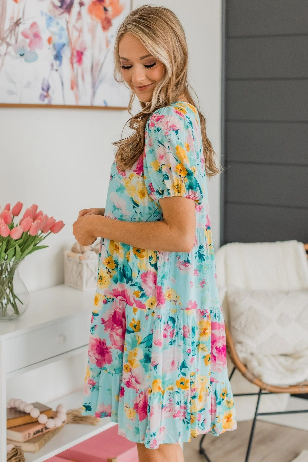 Steal You Away Tiered Floral Dress- Aqua Blue - Image 7