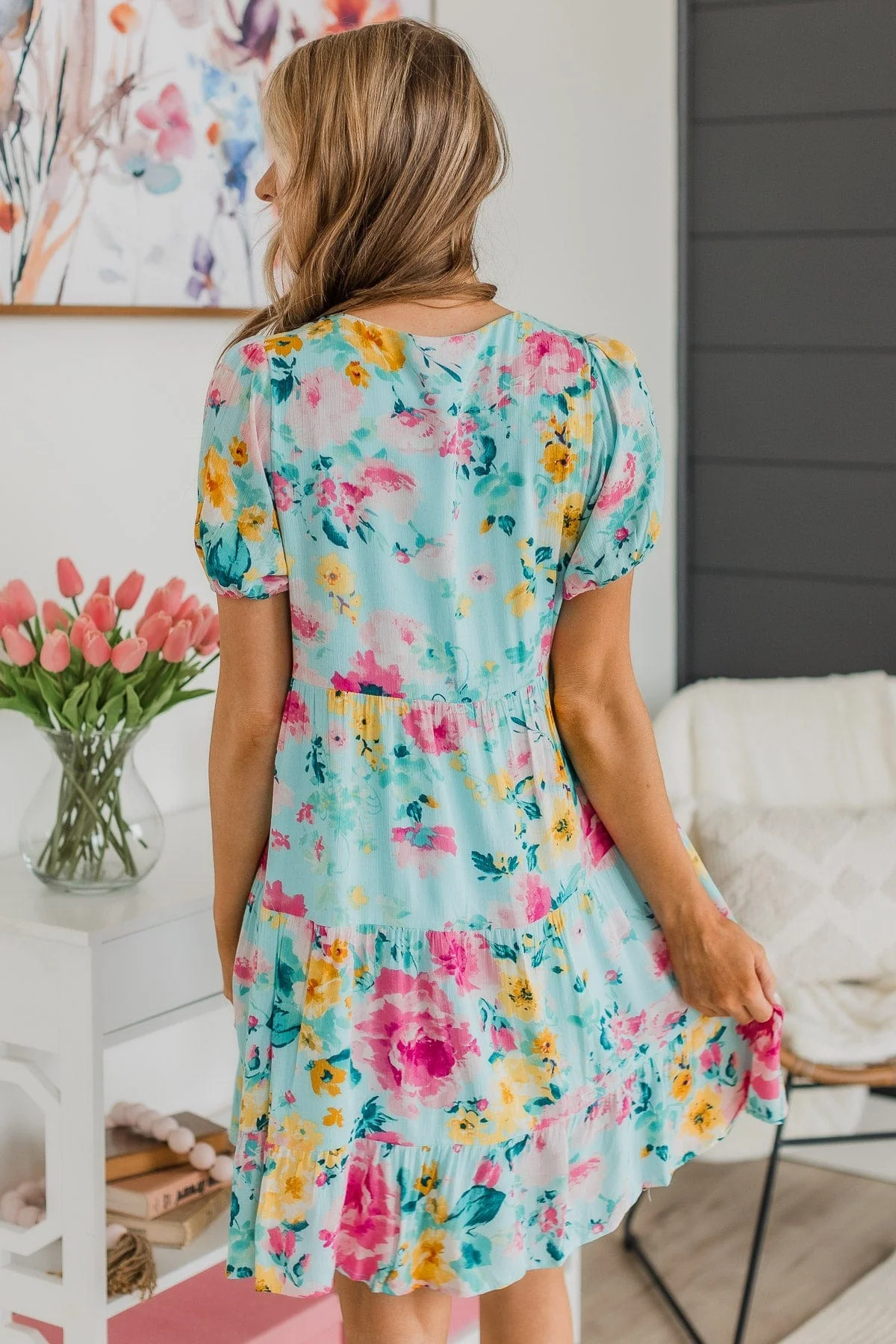 Steal You Away Tiered Floral Dress- Aqua Blue - Image 8