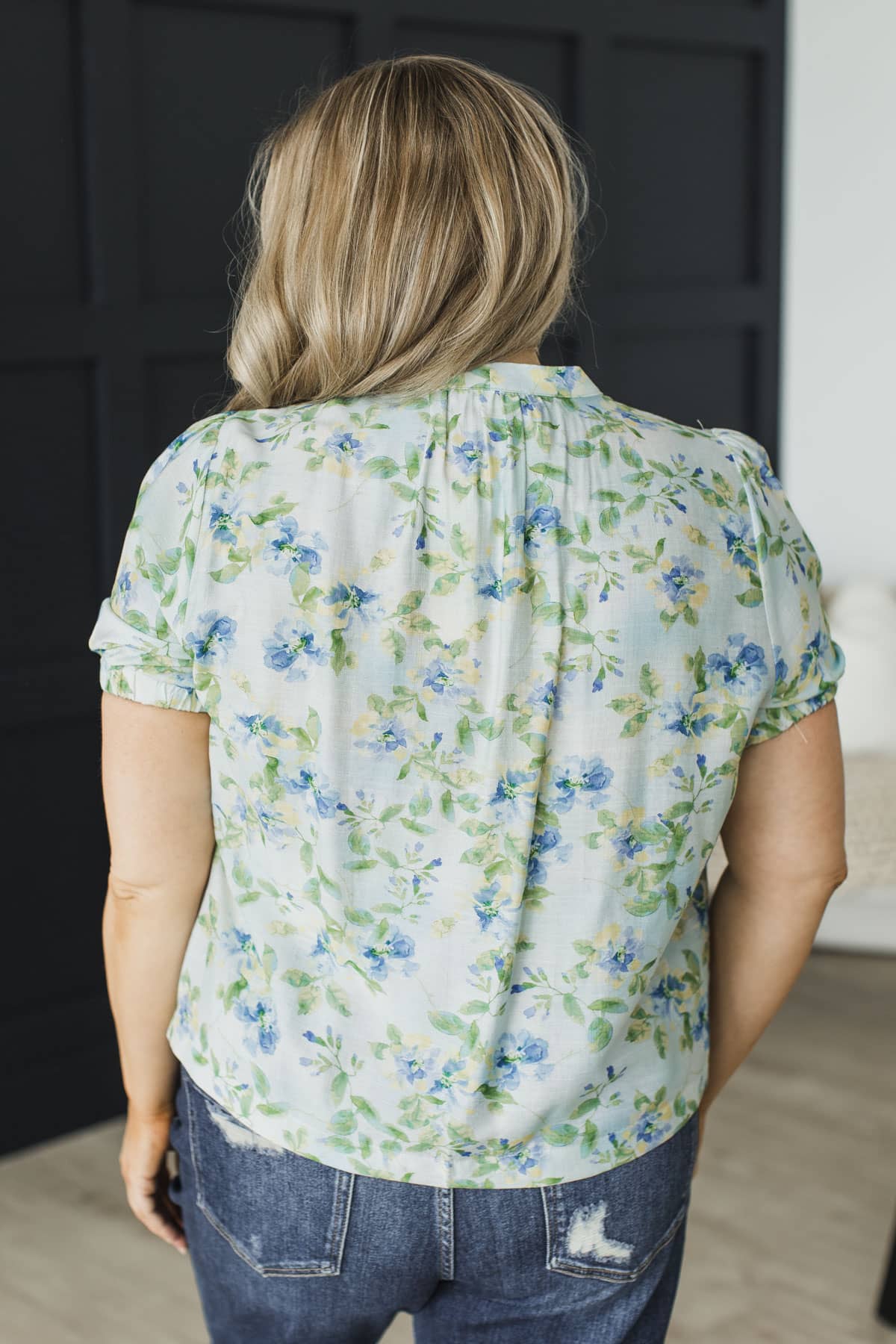 Steal Your Attention Pleated Floral Blouse- Light Blue & Green - Image 8