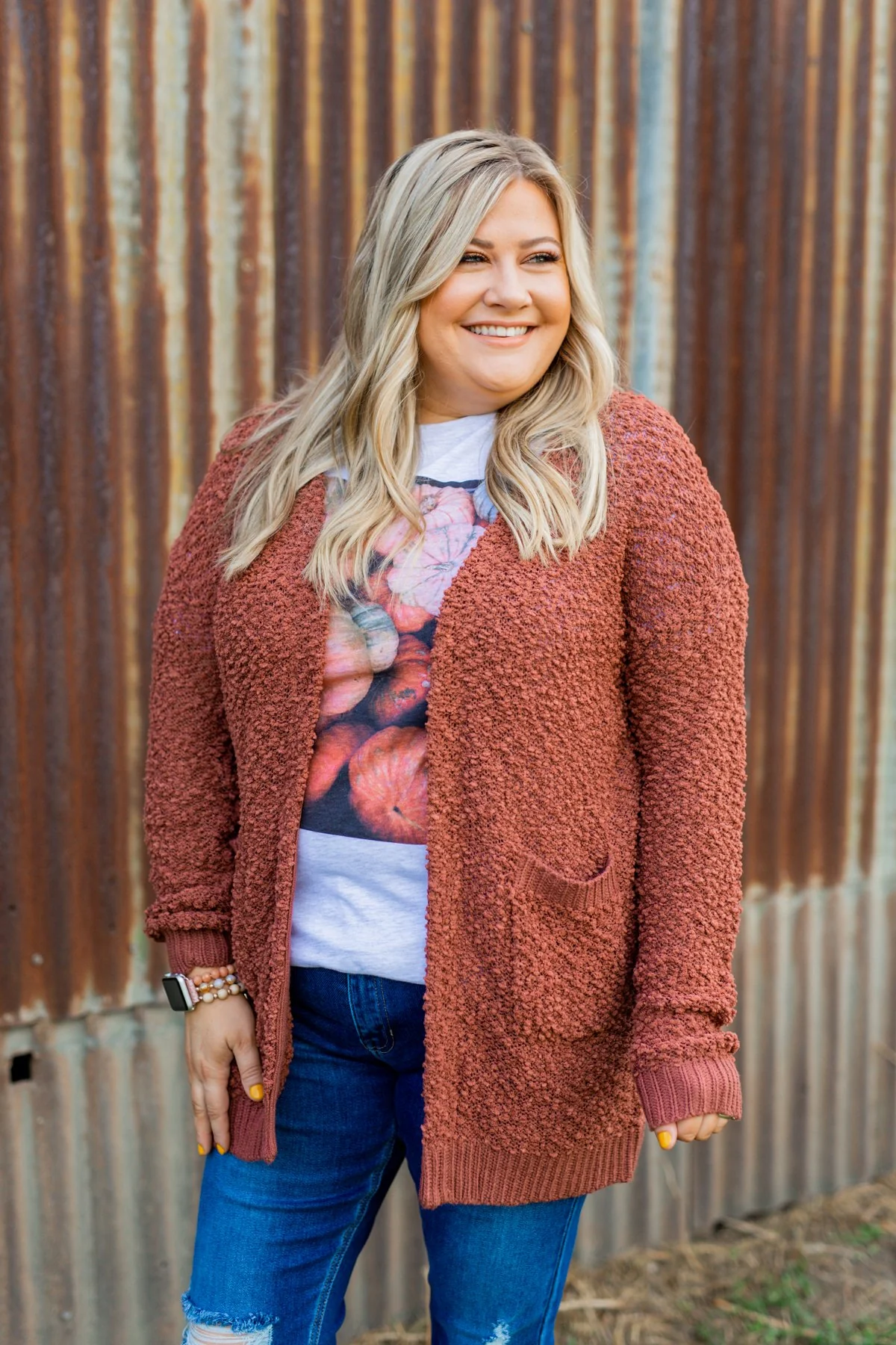 Stealing Glances Popcorn Knit Cardigan- Deep Clay - Image 3