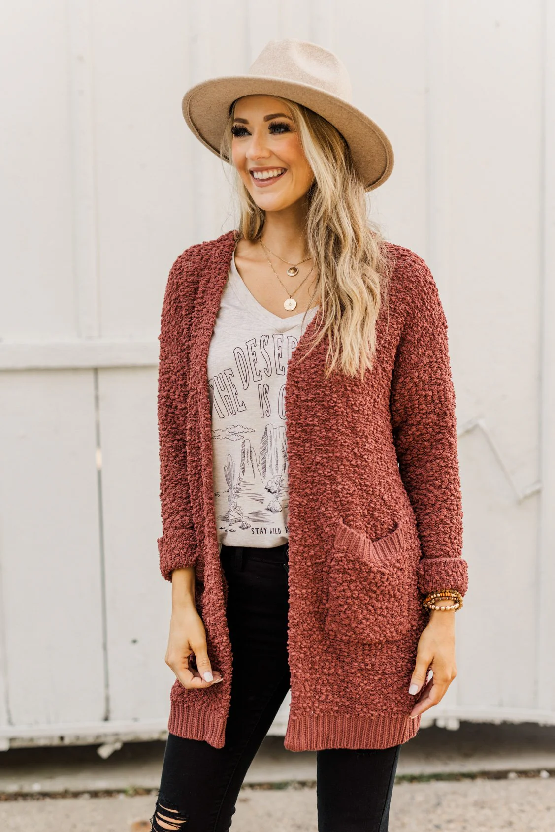 Stealing Glances Popcorn Knit Cardigan- Deep Clay - Image 8