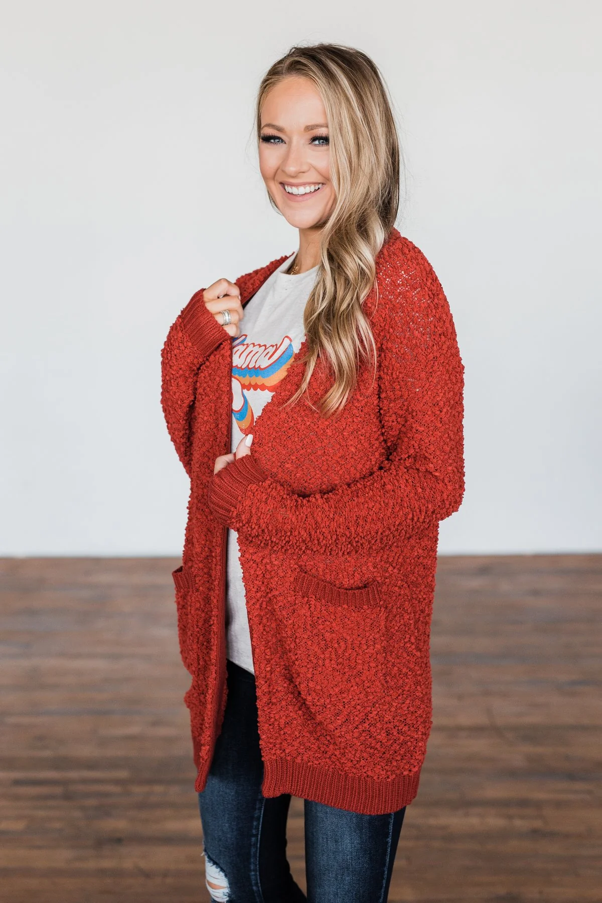 Stealing Glances Popcorn Knit Cardigan- Vintage Red - Image 3
