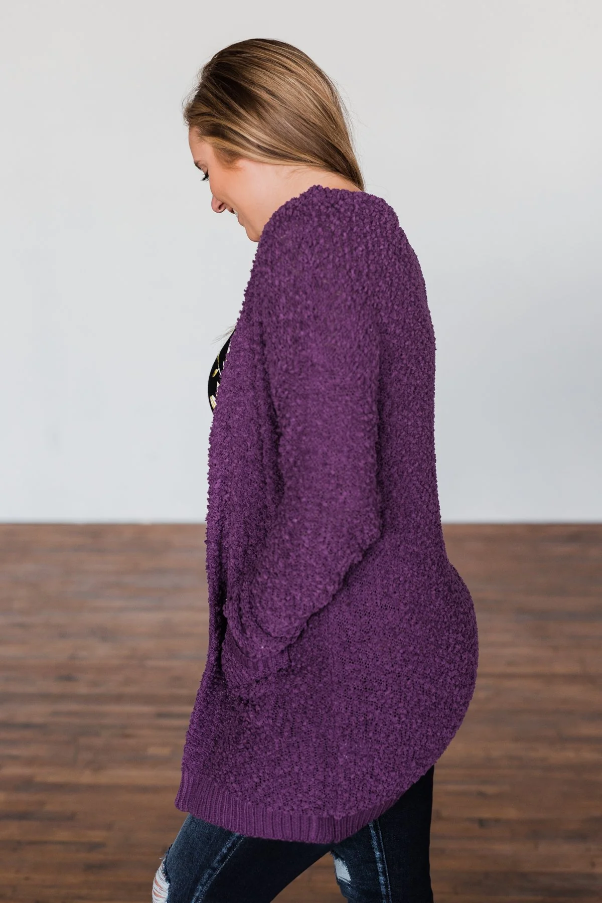 Stealing Glances Popcorn Knit Cardigan- Eggplant - Image 11
