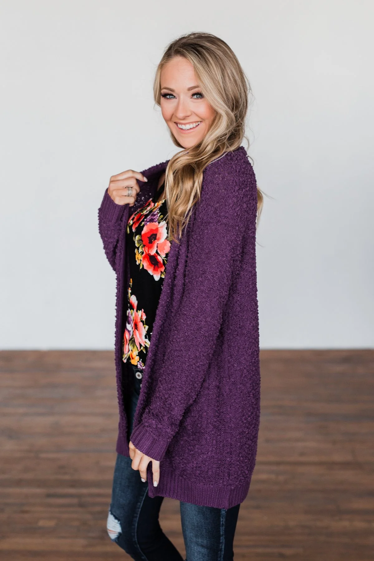 Stealing Glances Popcorn Knit Cardigan- Eggplant - Image 5