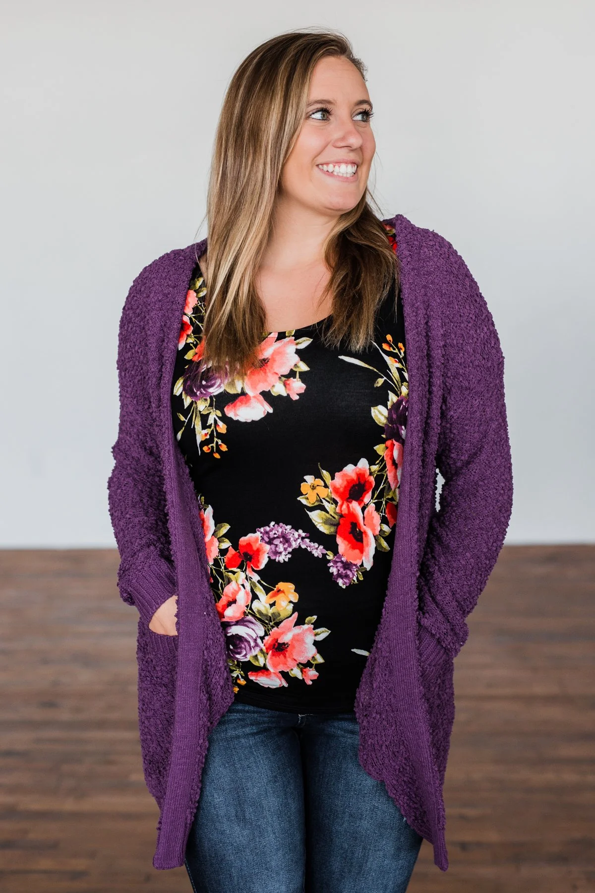 Stealing Glances Popcorn Knit Cardigan- Eggplant - Image 7