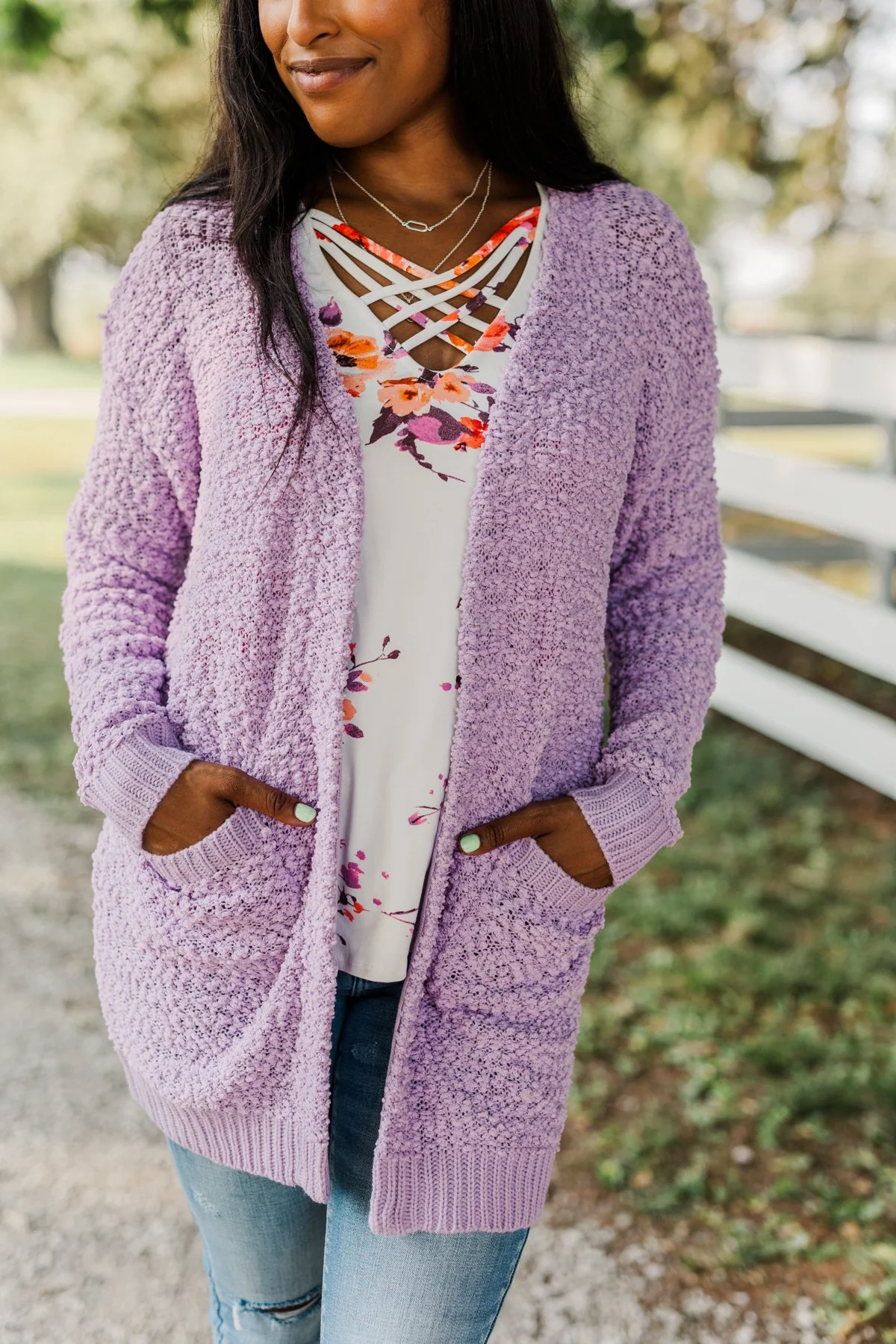 Stealing Glances Popcorn Knit Cardigan- Lavender - Image 3