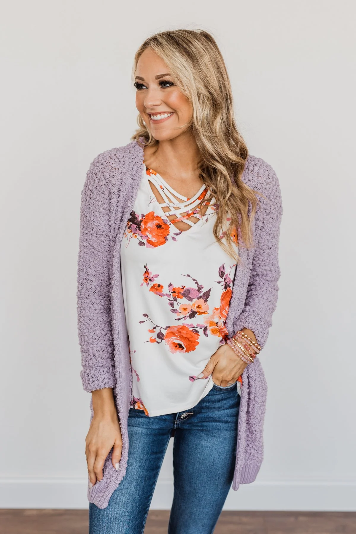 Stealing Glances Popcorn Knit Cardigan- Lavender - Image 4