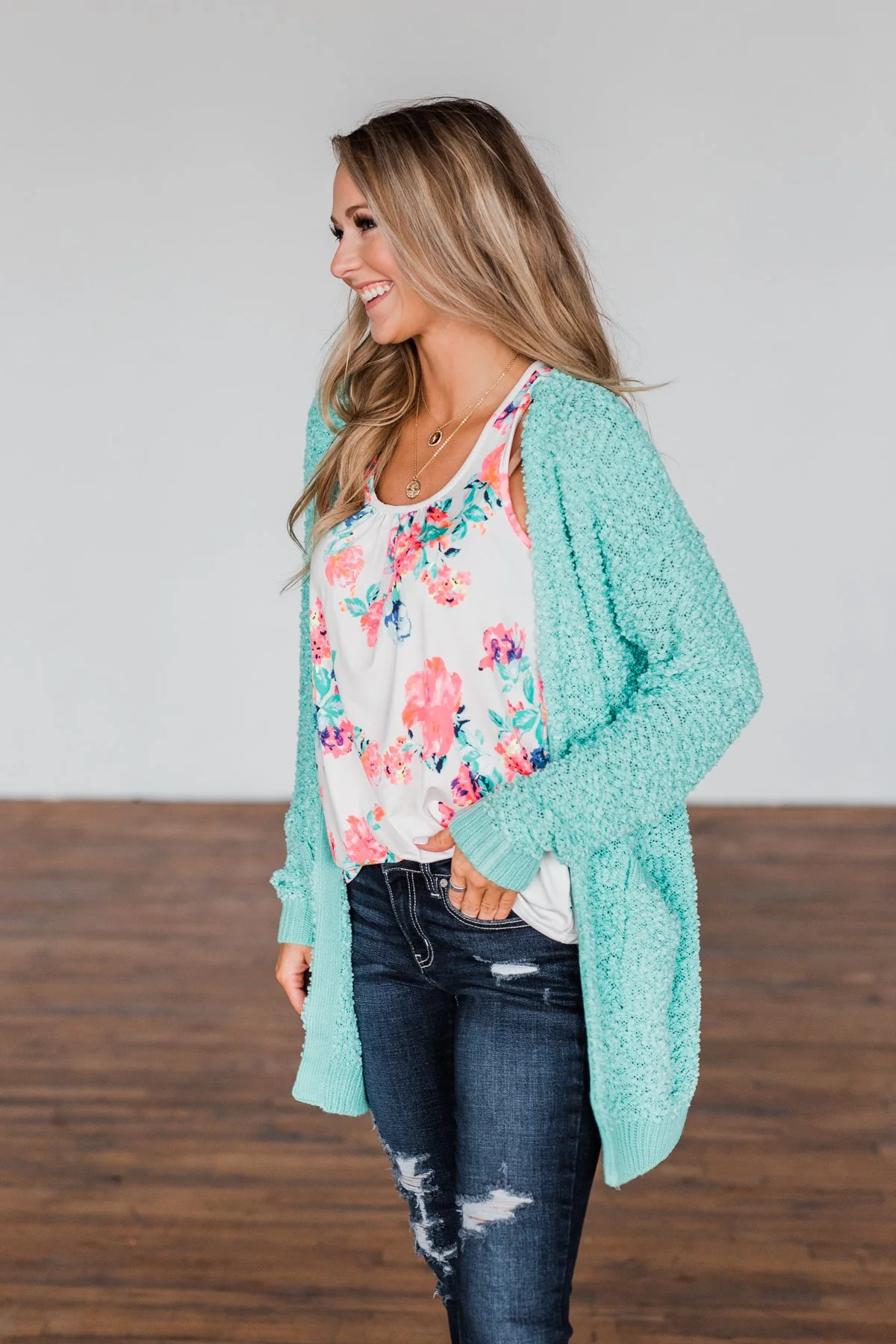 Stealing Glances Popcorn Knit Cardigan- Mint - Image 12
